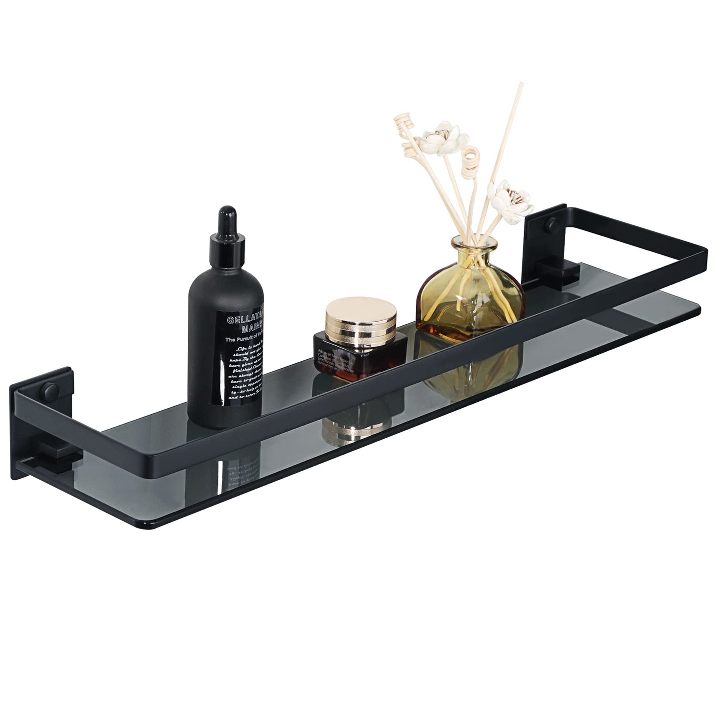 SAYAYO Bathroom Shelf Tempered Black Glass Shelf Wall Mounted with SUS304 Stainless Steel Rail, Shower Storage Shelves 20-Inch/ 50CM Length,