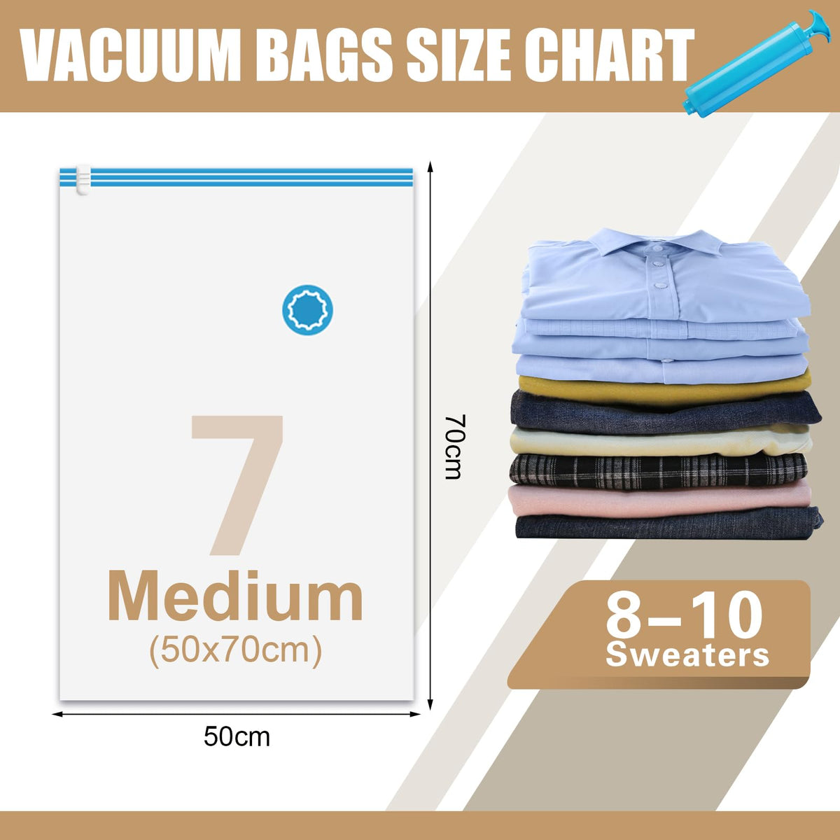 Space Saver Bags, Pack of 7 Medium Vacuum Storage Bags, Compressed Sealer Bags Storage for Clothes, Comforters, Beddings and Blankets with Hand Pump