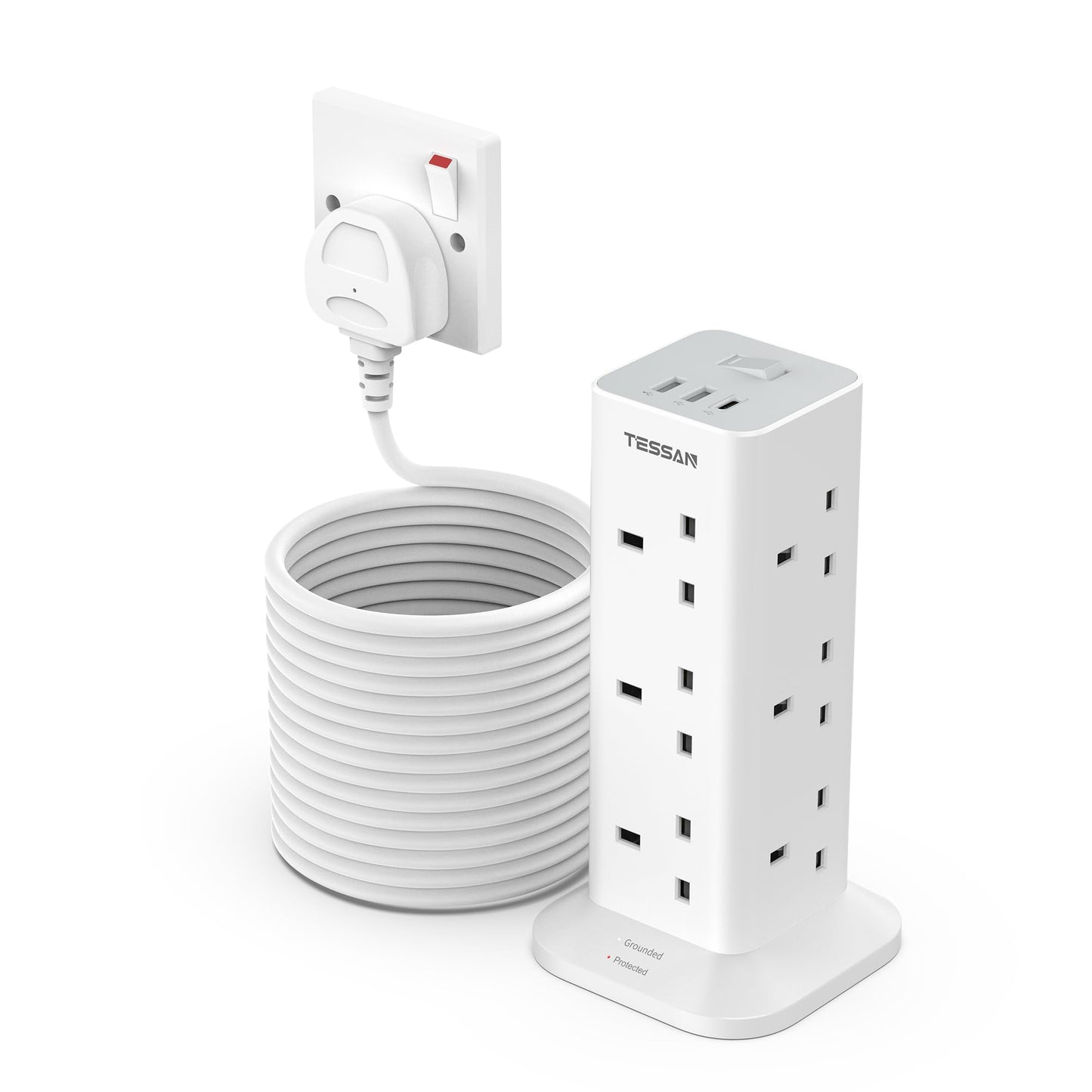 Tower Extension Lead 10M with 3 USB Slots, TESSAN 12 Way Multi Plug Extension Sockets with Long Cable, Surge Protected Power Strip with Switch for