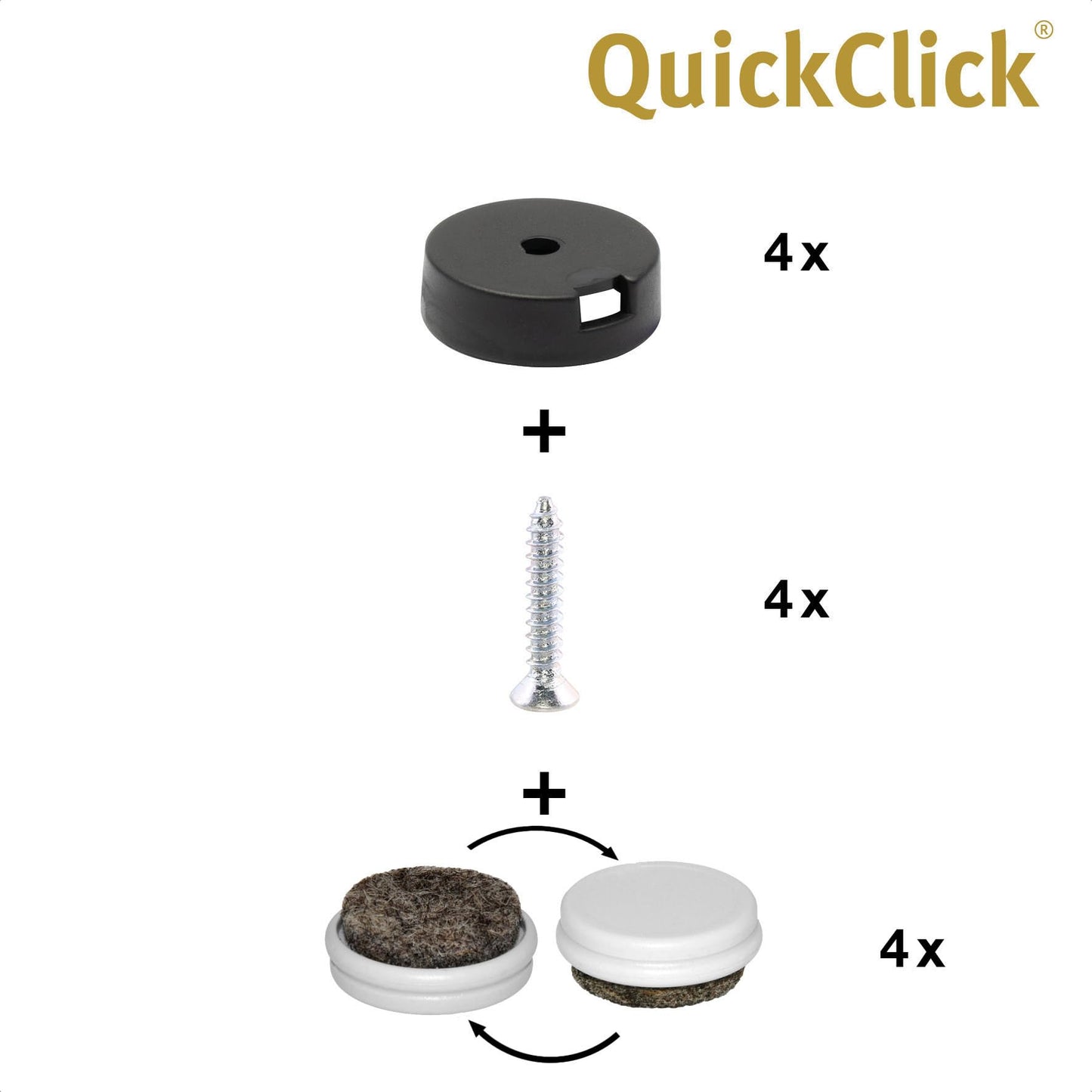 WAGNER QuickClick® Furniture glider set - DUO - reversible wool felt + plastic I 4x base + 4x reversible and replaceable insert - ULTRASOFT + HYPER