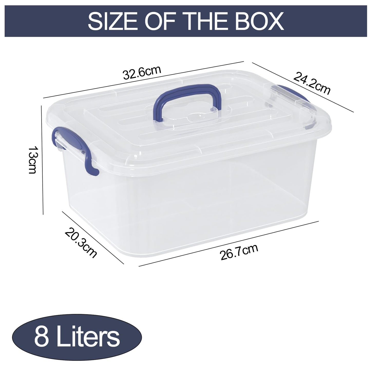 Ziglous 8 Litre Clear Storage Boxes with Lids and Handles, 6 Packs, Blue
