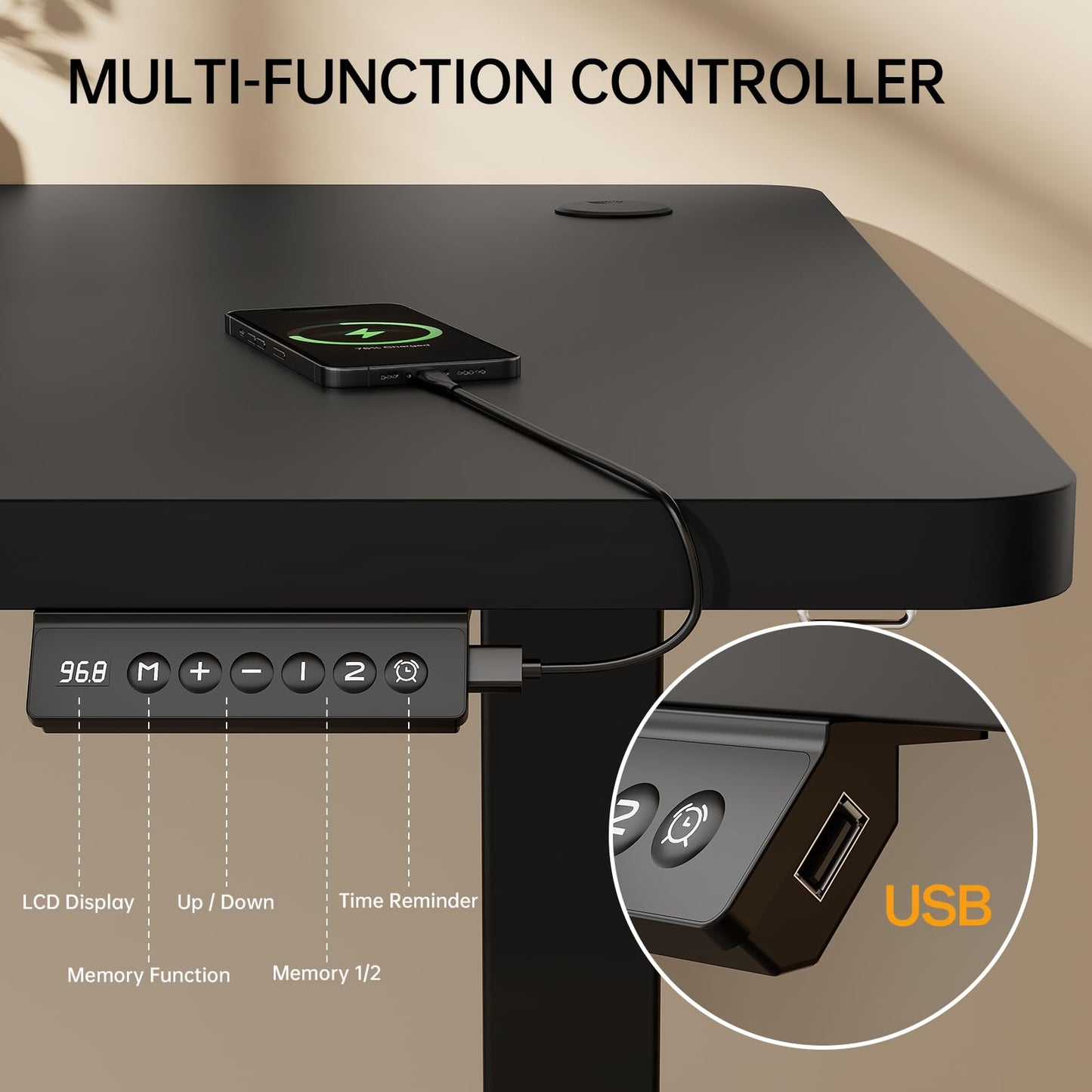 Homall Electric Height Adjustable Desk, Adjustable Height Office Desk with USB Ports, 140x60cm, Home Office with Splice Board, Black