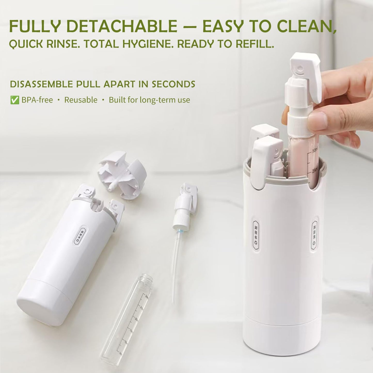 4 in 1 Travel Bottle Dispenser, 4 Pack 30ML Travel Shampoo Bottles, Leak Proof Refillable Travel Containers for Toiletries with Scale and Label