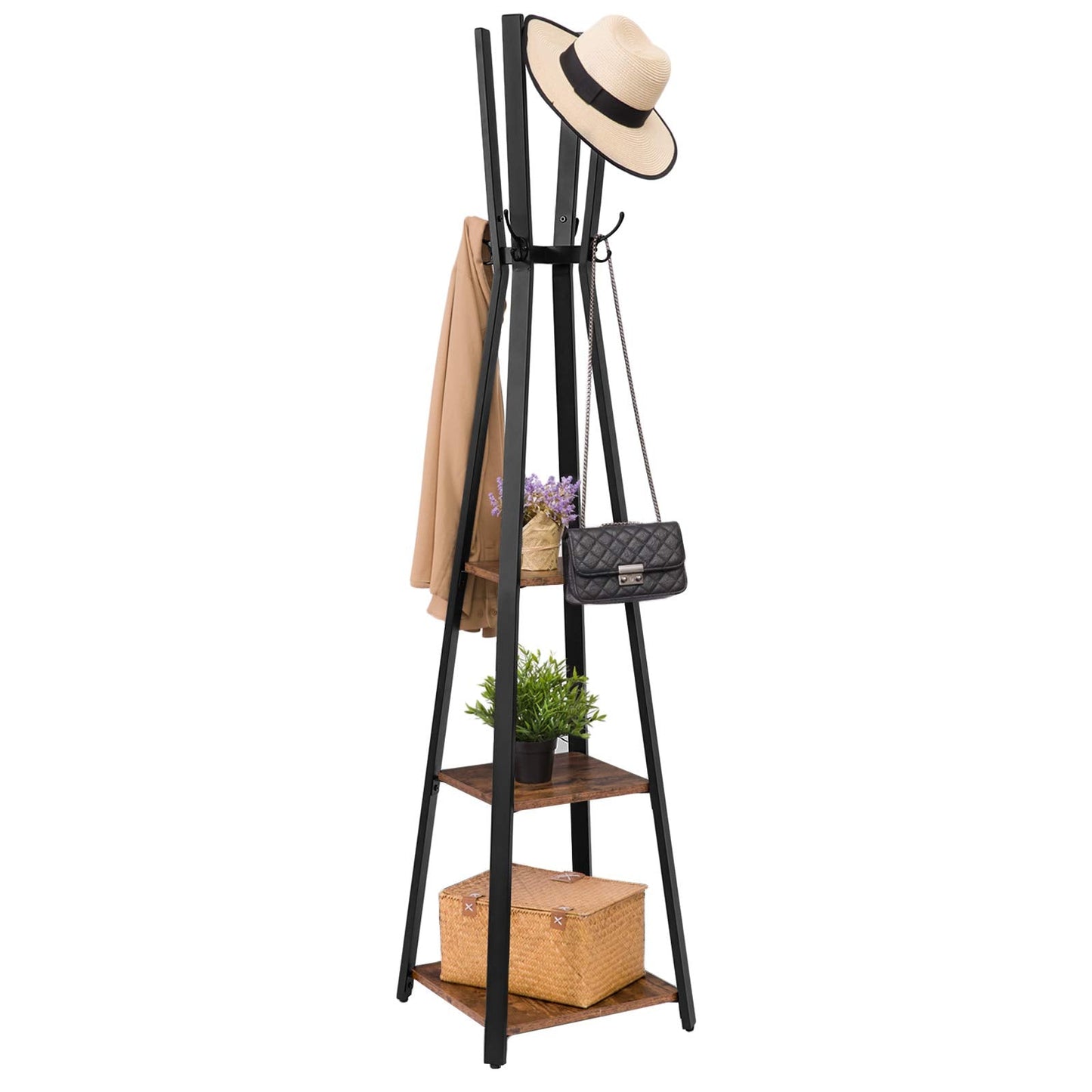 HOOBRO Coat Rack, Coat Hanger Stand, Hall Tree with 3 Storage Shelves and Hooks, for Clothes, Hats, Bags, Coat Stands for Hallway