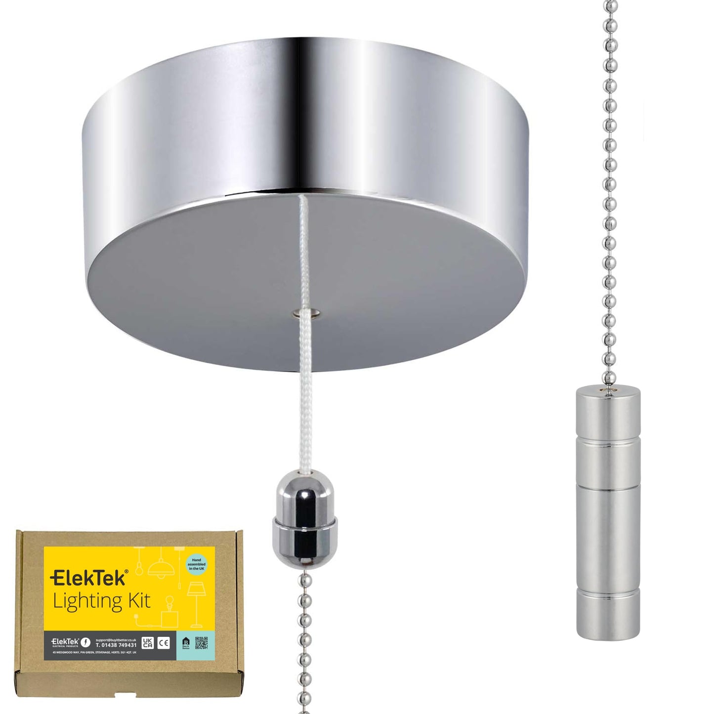ElekTek UK Safety Approved Chrome Bathroom Light Pull Switch Kit + Chrome Cylinder Fob Handle & Extension Chain, EN 60669-1 & CE Mark, Earth Terminal,