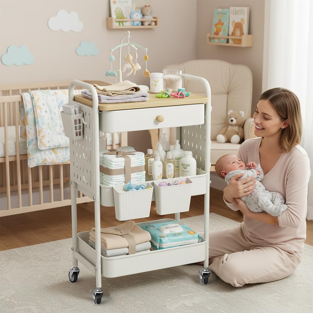 danpinera 3 Tier storage trolley, Metal storage cart with DIY Pegboard & Drawer, storage trolley on wheels with Hooks & Hanging Cups for Living Room