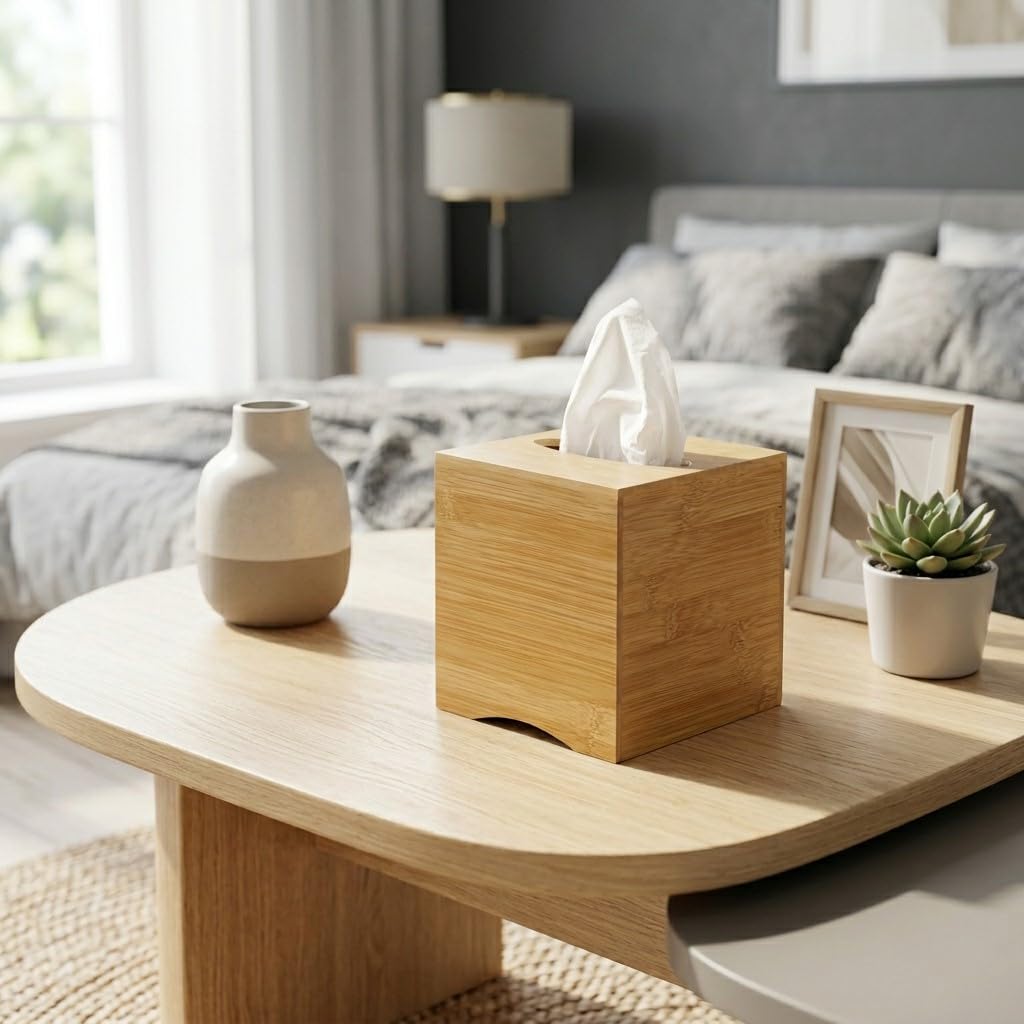 OSCO Bamboo Square Tissue Box, Eco-Friendly Tissue Holder, Napkin Dispenser for Home Office Bathroom, Natural Bamboo Tissue Cover