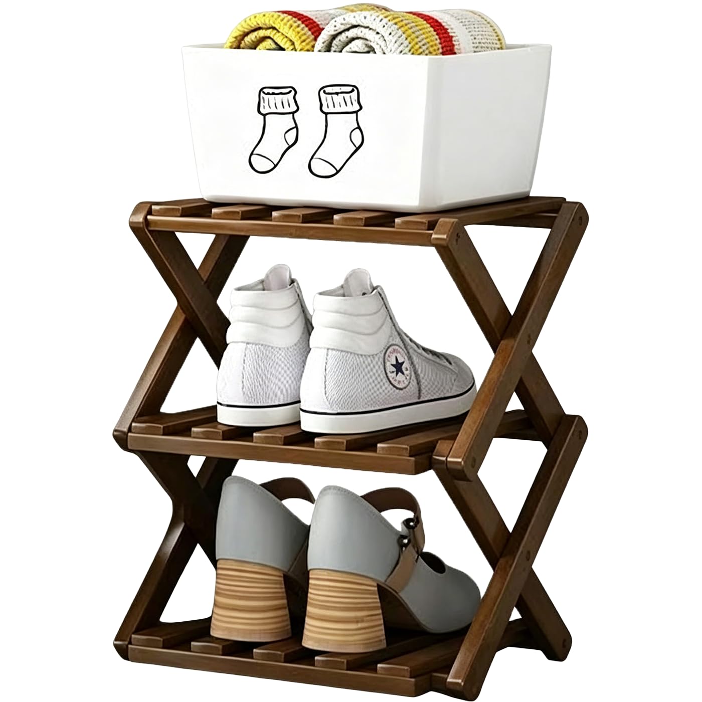 Xnqelerate 3 Tier Vertical Wooden Shoe Rack, Without Installation Foldable Shoe Rack, For Hallway, Corner, Apartment Small Space (Brown-3)