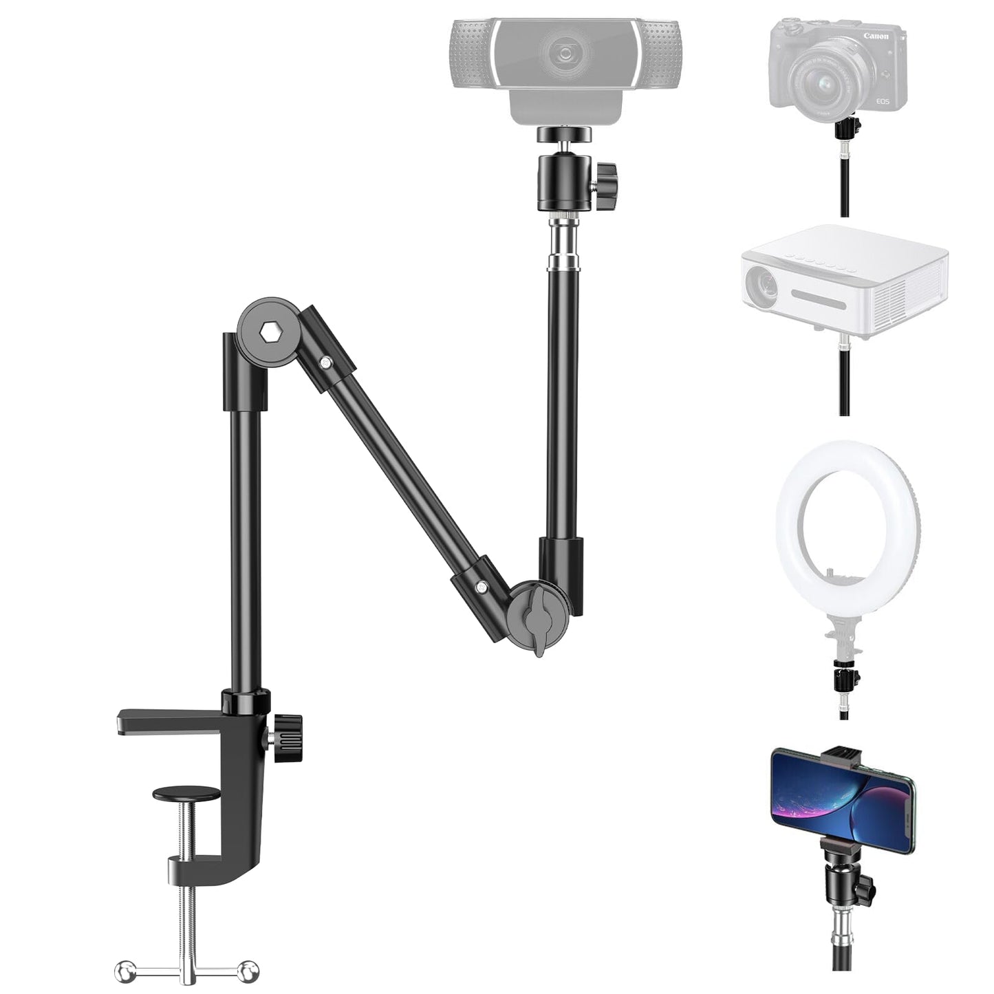 KDD Webcam Stand Camera Mount with Phone Holder, 21.7 Inch Foldable Flexible Gooseneck Cell Phone Clamp & Table Projector Mount, for Logitech C922