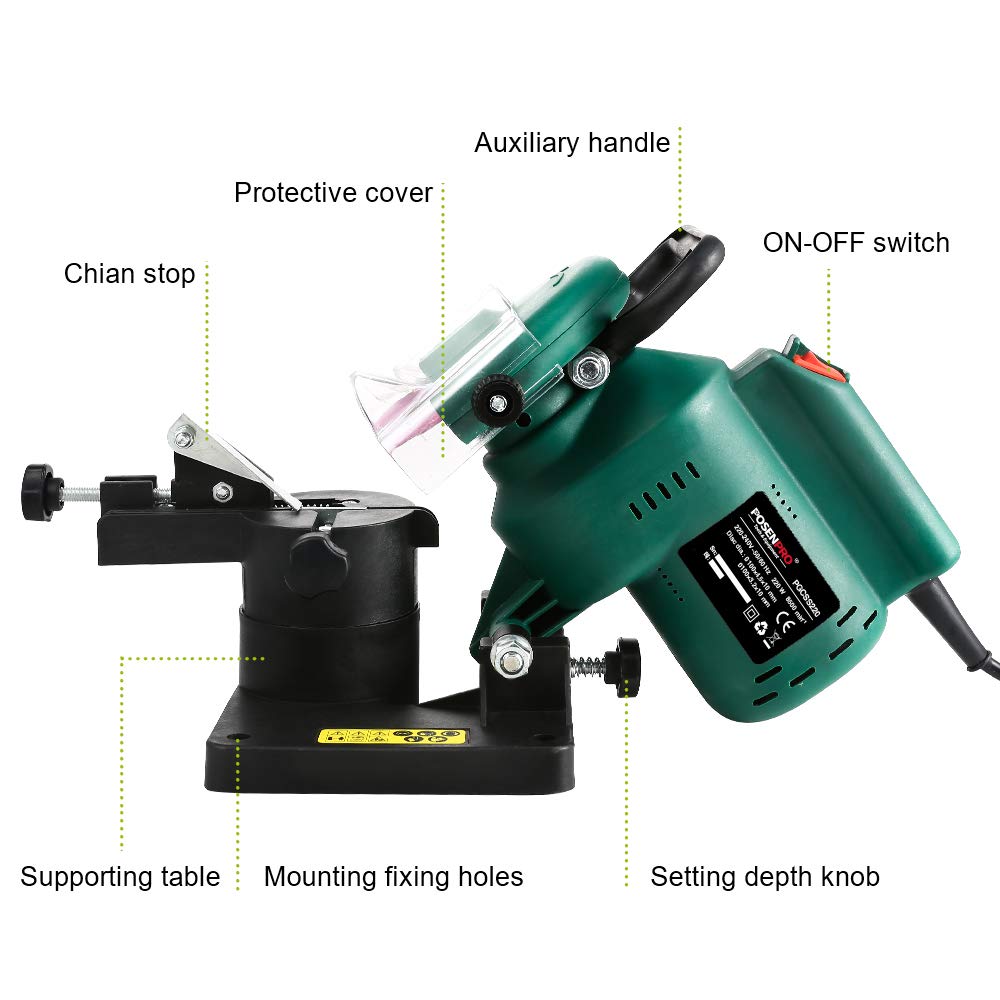 POSENPRO 220W Corded Electric Chainsaw Sharpener Grinder Work with a Grind Angle of 35? Left to Right, 100MM Grinding Wheel Included