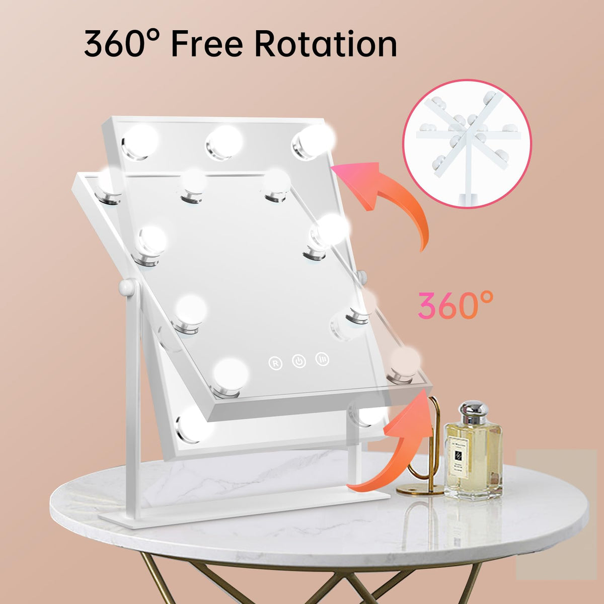 FUNTOUCH Makeup Mirror with Lights, Hollywood Vanity Mirror with 3 Colors Lighting Modes, Touch Control, 360Ratation, Dimmable 9 LED Bulbs Lighted