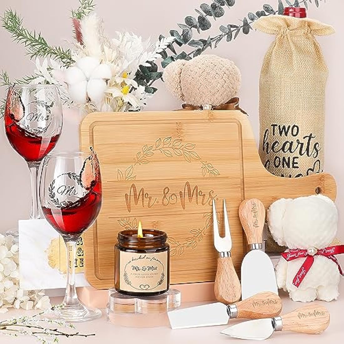 pengtai Wedding Gifts for Couples 2025,Bride Gifts,Newlywed Mr and Mrs Present,Bamboo Serving Board Candle Basket for Husband Wife