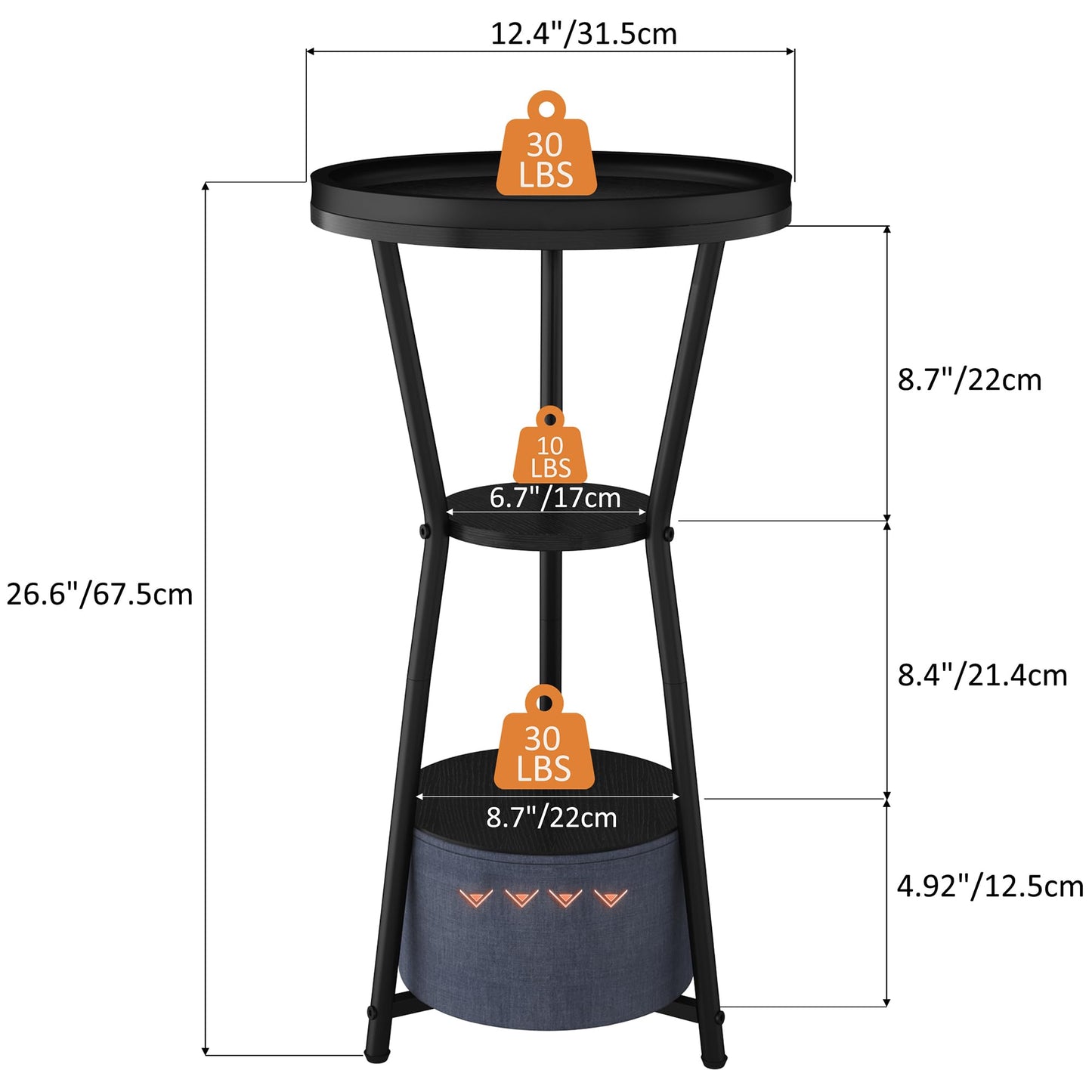 Yusong Round Side Table, Small Drink Table for Small Spaces, 3-Tier Industrial End Table, Accent Nightstand Bedside Table for Living Room, Bedroom