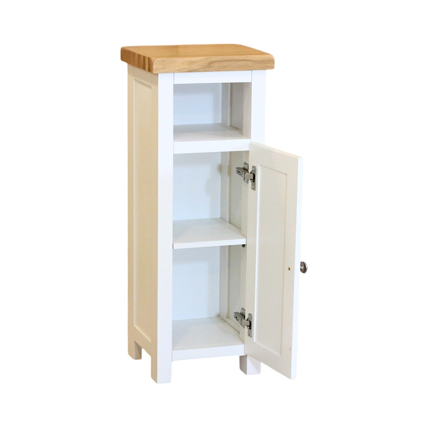 GROF Slim Display Cabinet, Snow White Painted Storage Unit with Oak Top, Narrow Side Table for Living Room and Hallway, W33 x D30 x H80 cm
