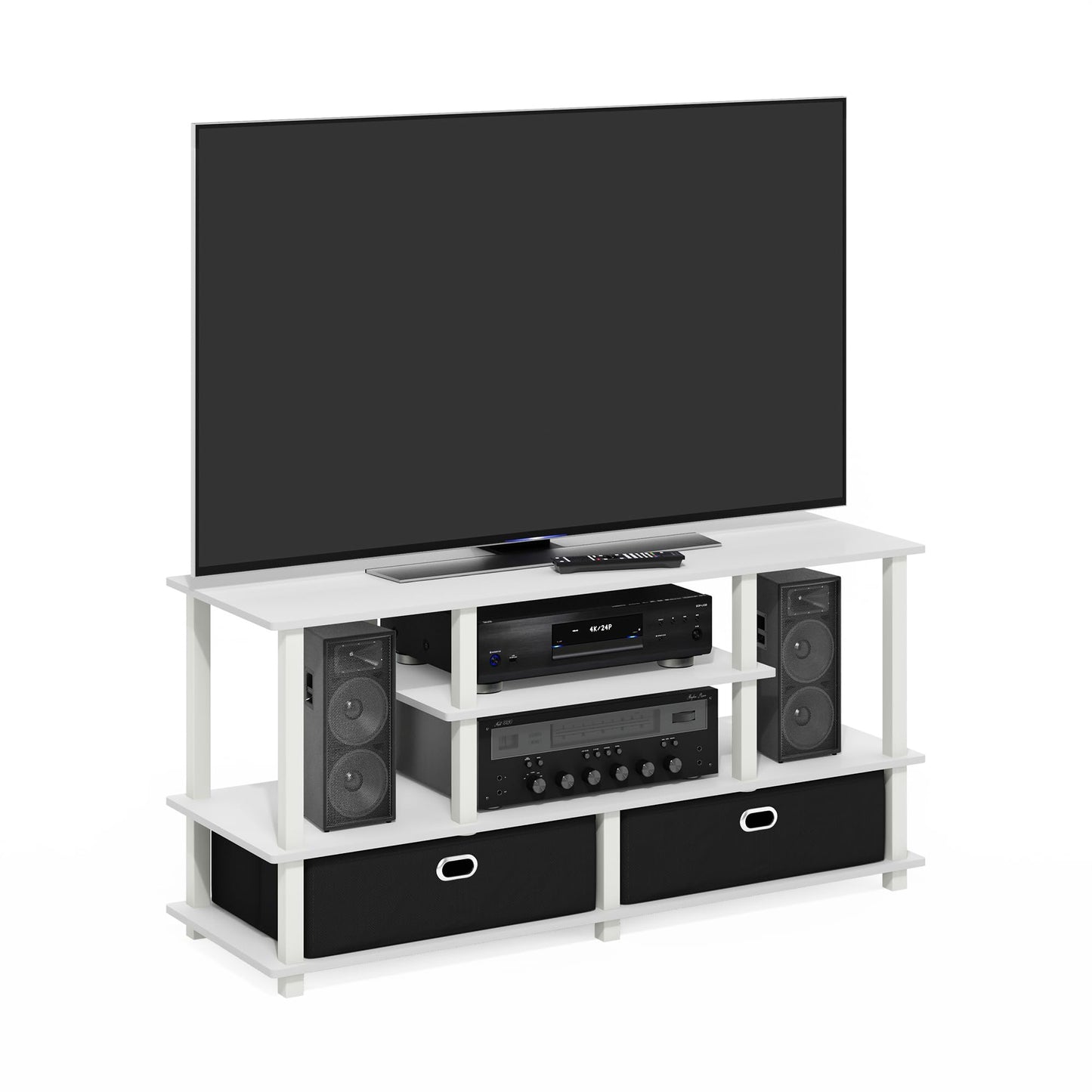 Furinno JAYA TV Stand, 4-Tier Entertainment Center, TV Console for TV up to 55 Inch with 2 Storage Bins and Open Shelves, for Living Room, Bedroom
