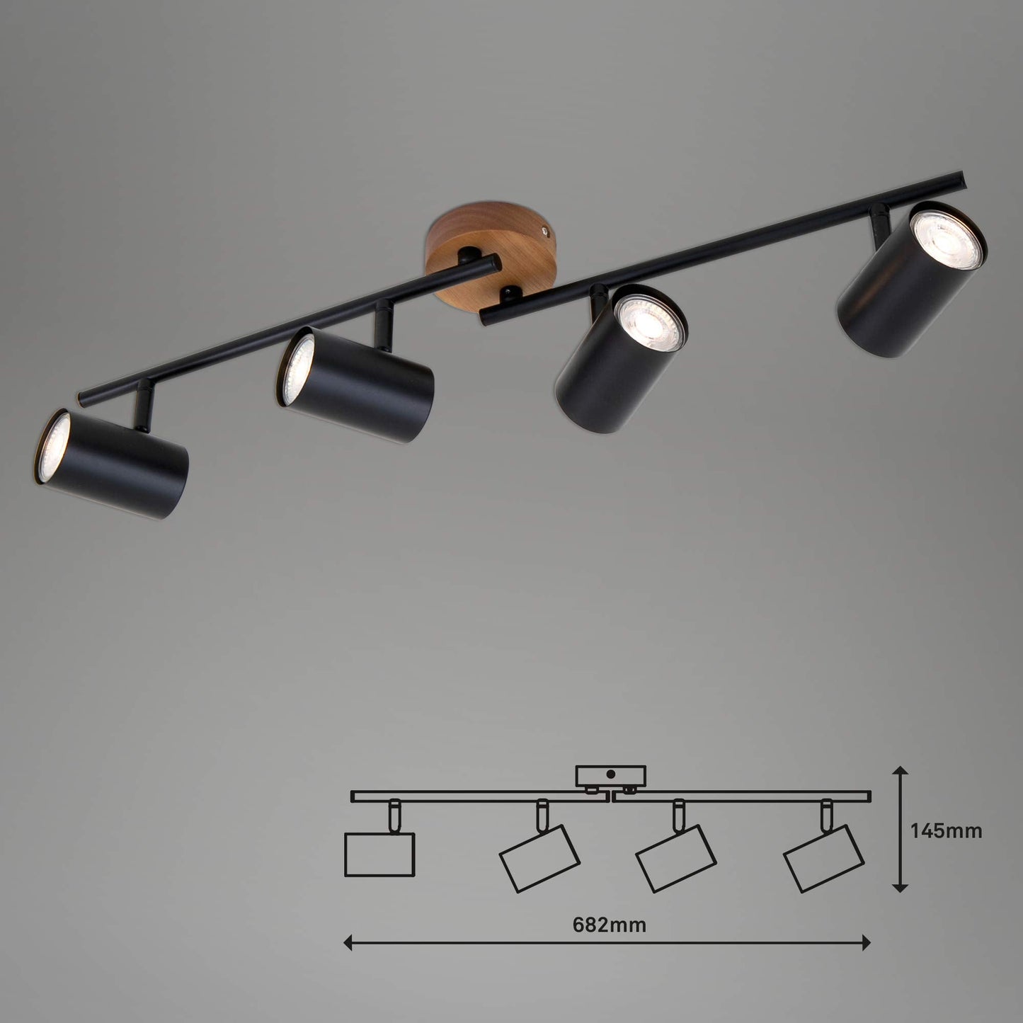 Briloner Leuchten 2920-045 Spotlight, Retro, Vintage Ceiling Light, can be rotated and swivelled, 4X GU10, Metal and Wood, Black, 682 x 90 x 145 mm (L