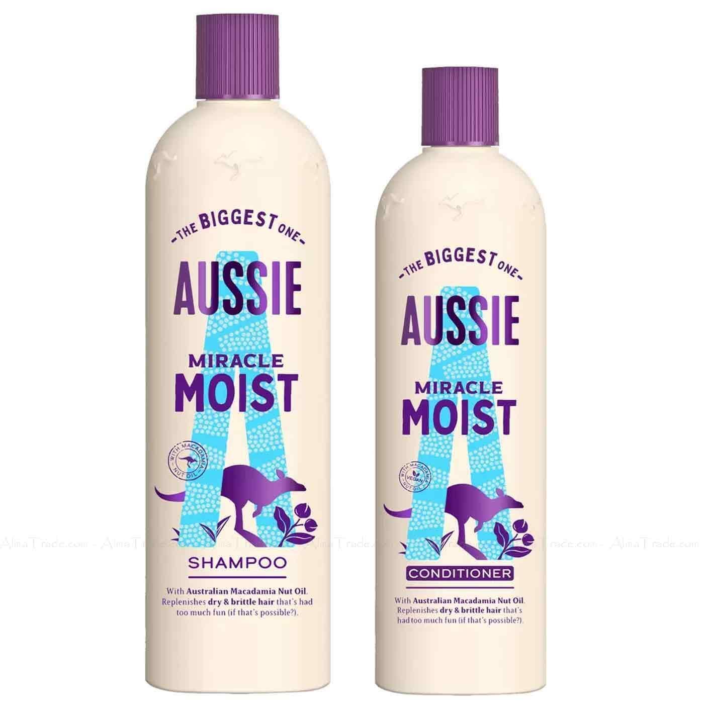 Aussie Miracle Moist XL Shampoo and Hair Conditioner Set for dry, really thirsty hair with Macadamia nut oil, a 750 ml Aussie Moist Shampoo and a 500