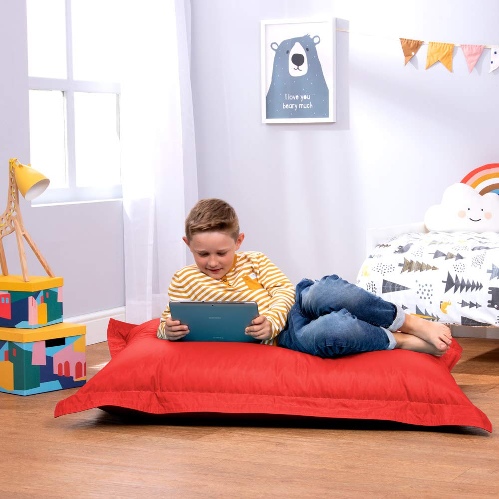 Bean Bag Bazaar Kids Bean Bag, Red, Indoor Outdoor Water-Resistant Fabric, Beanbag with Filling Included, 120cm x 100cm, Outdoor Floor Cushion, Kids