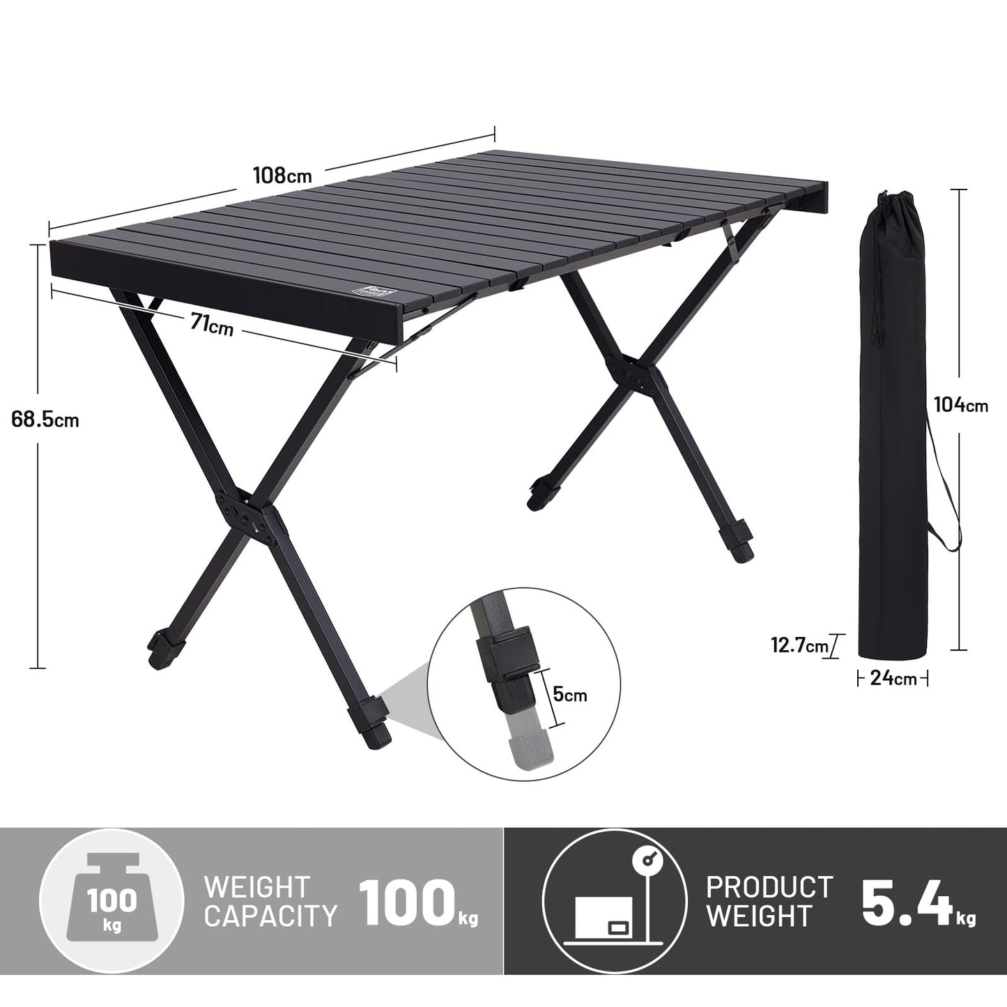 TIMBER RIDGE Folding Camping Table Fold up Aluminum Foldable Portable, 108x71cm Roll up Picnic Table Support 100kg 4ft Height Adjustable 4-6 Person