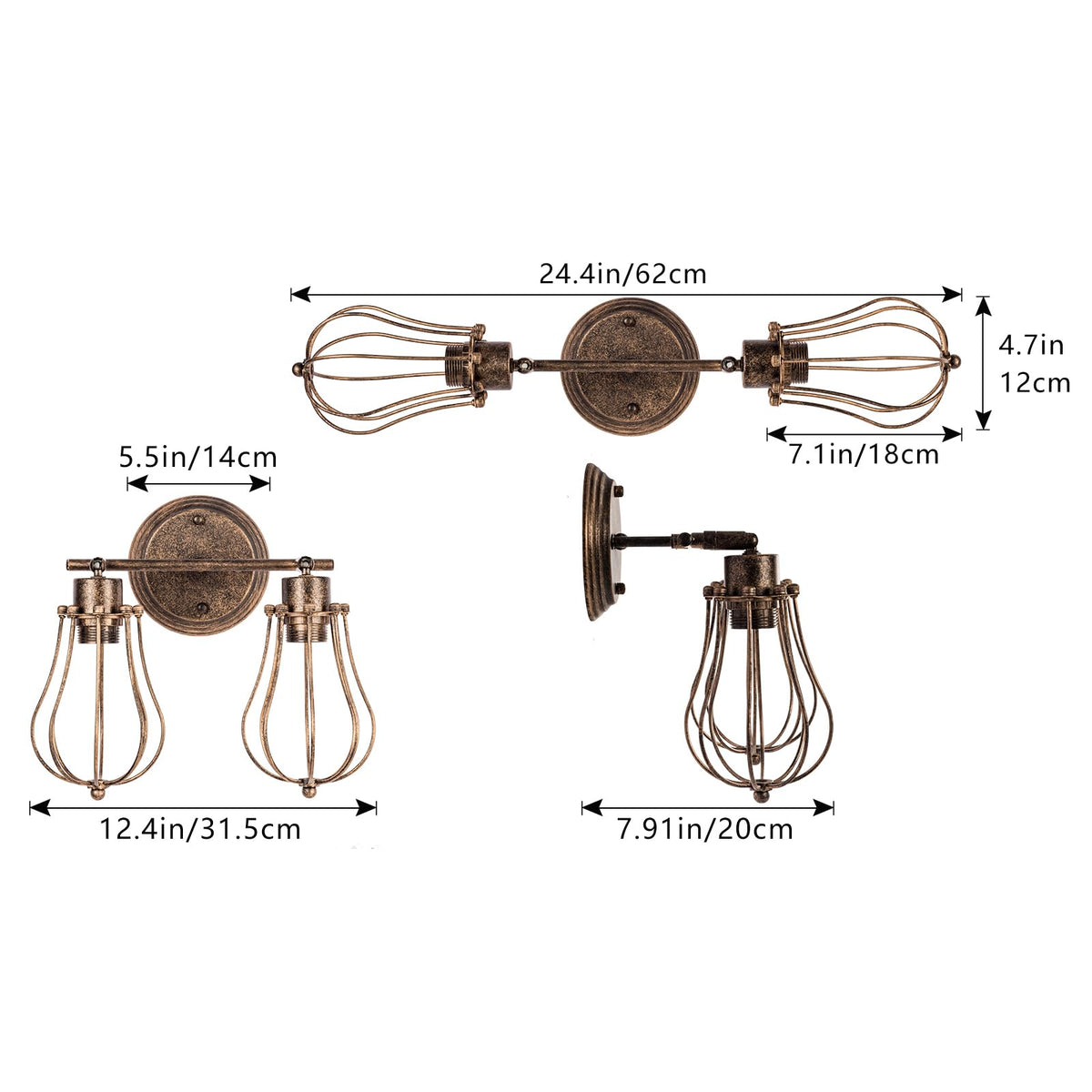 Luling Industrial Wall Sconce Rustic Loft Antique Wall Lights Wire Cage Adjustable Socket Edison Vintage Metal Retro Lamp Fixtures for Bedroom Gazebo