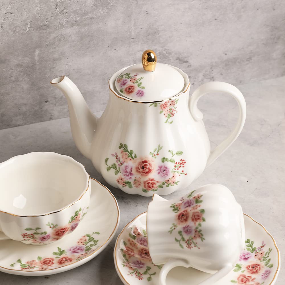 Sweejar Home Porcelain Tea Set Royal Family 225 ml to Cups and Saucers with Teapot Sugar Bowl Milk Jug Ceramic Tea and Coffee Cups (Rose Flower)