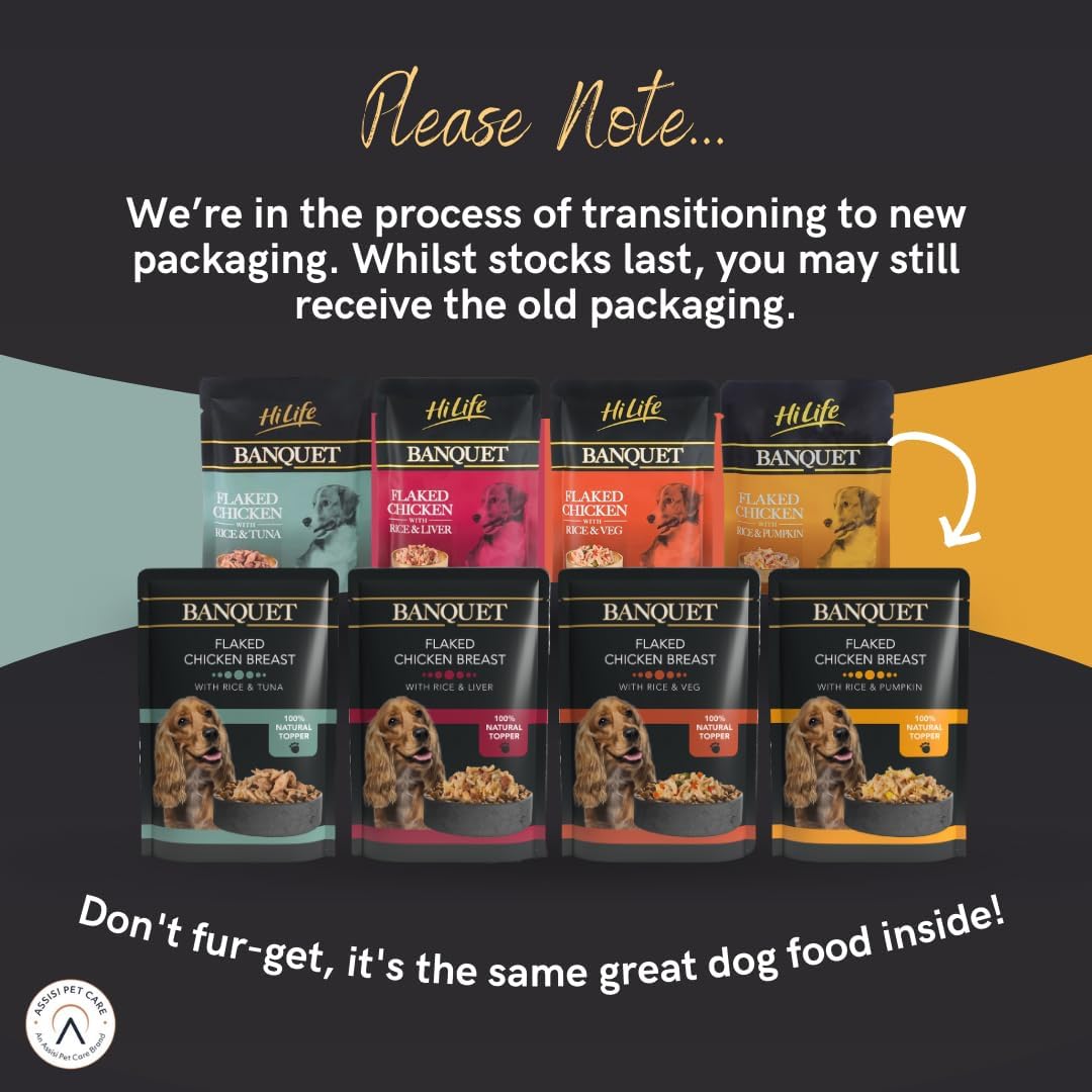 Banquet Adult Wet Dog Food, Flaked Chicken Breast with Rice & Tuna / Flaked Chicken Breast with Rice & Pumpkin, 100% Natural Ingredients (30 Pouches x 100g)