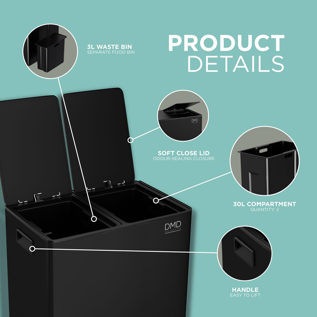 DMD | 60L Dual Stainless Steel Rubbish Bin, 2 x 30L Removable Recycling Bins | 3L Compost Bin Included, Soft Closure, Easy Clean, Metal Pedals,