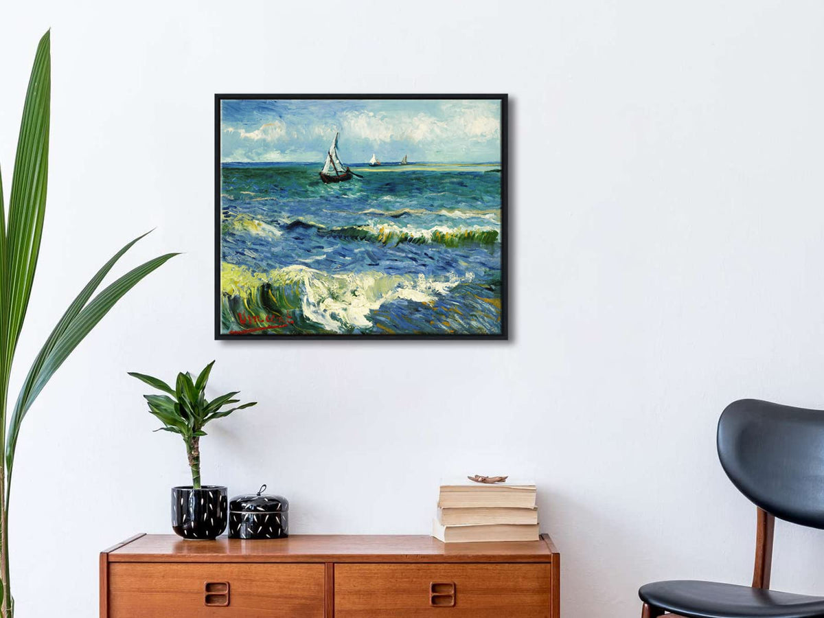 Wieco Art Black Framed Art Seascape at Saintes Maries by Vincent Van Gogh Oil Paintings Reproduction Modern Canvas Prints Sea Pictures on Canvas Wall