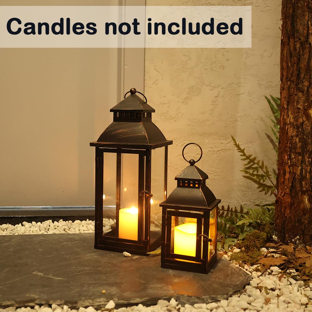 NEEDOMO Lanterns Decorative Outdoor&Indoor, Set of 2 (17"&10") Bronze Metal Lantern Decor with Glass, Candle Holder for Porch, Patio, Garden, Balcony,