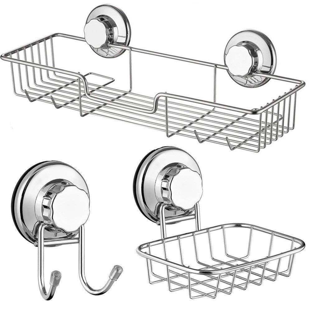 ARCCI Suction Cup Shower Caddy 3 Pack, Stainless Steel Bathroom Storage Shower Organizer Shelves, Suction Bar Soap Dish Holder & Bath Hook, Shelf