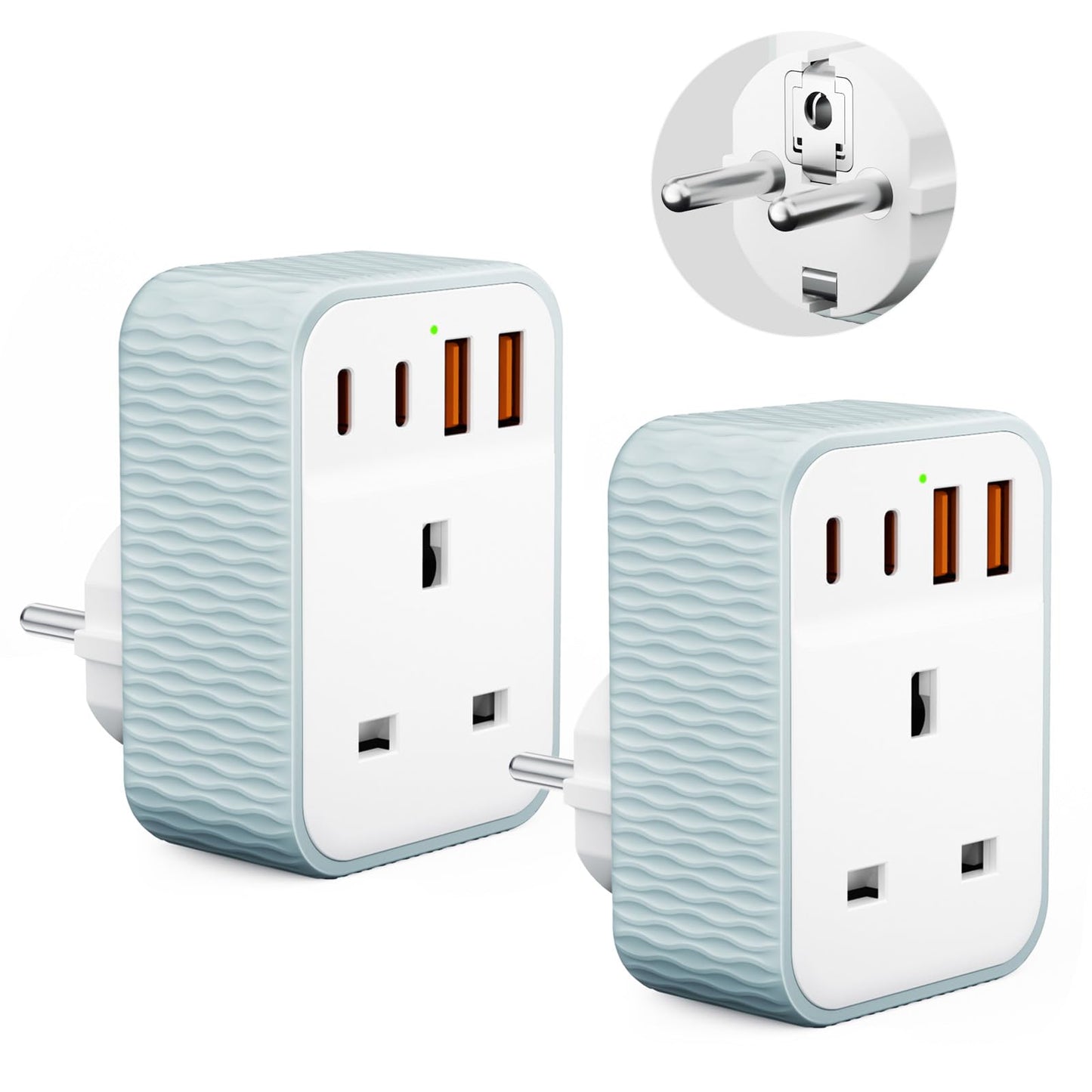 Vecbmn 2 Pack UK to European Plug Adapter, EU Schuko Travel Adaptor with 4 U-S-B Ports(2 USB C & 2 USB A), Travel Adaptors UK to EU for Germany Spain