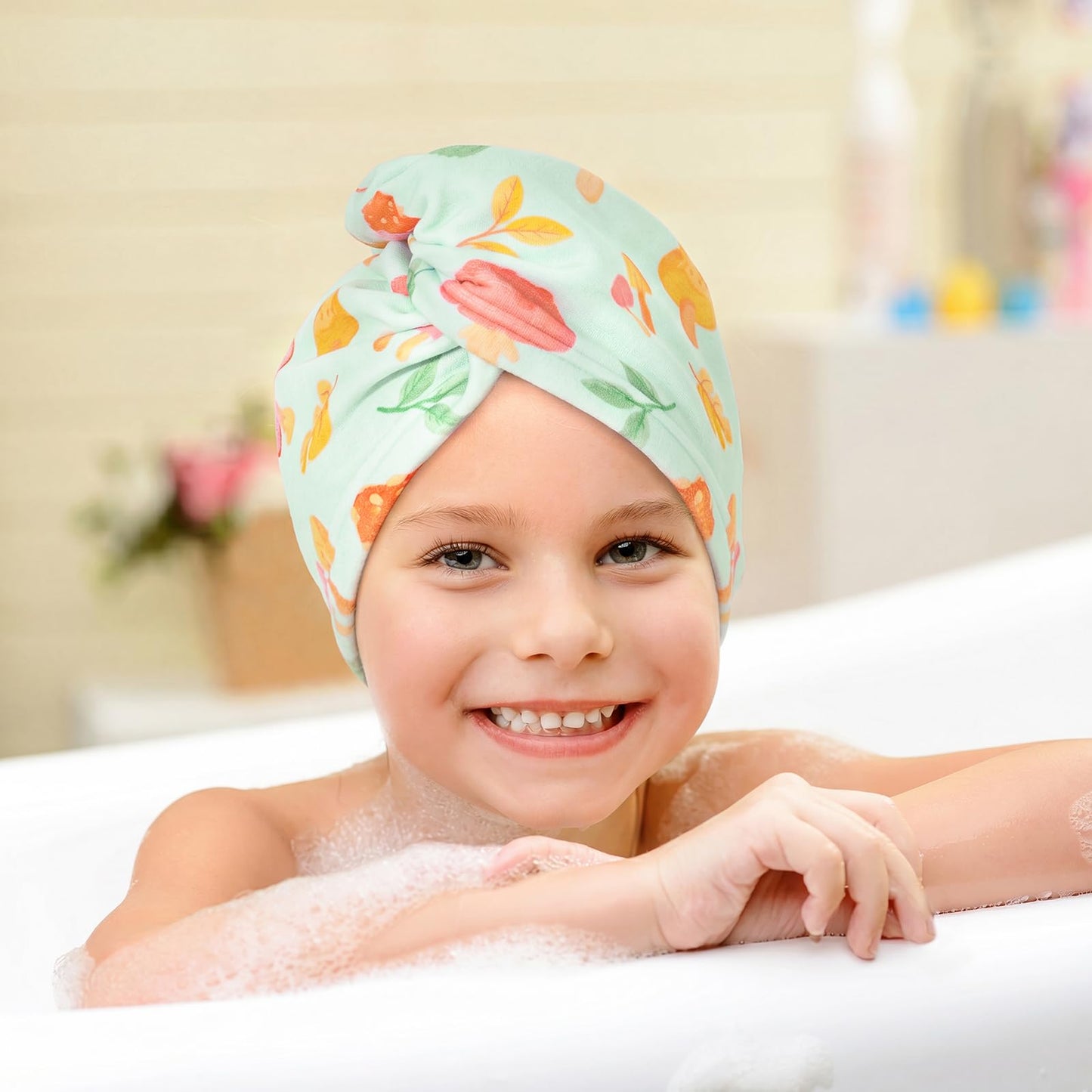 WAWSAM 2 Pack Kids Hair Towel Wrap for Girls, Microfibre Hair Turban Towel Fast Drying, Hair Towel Wrap with Elastic Strap for Long Hair