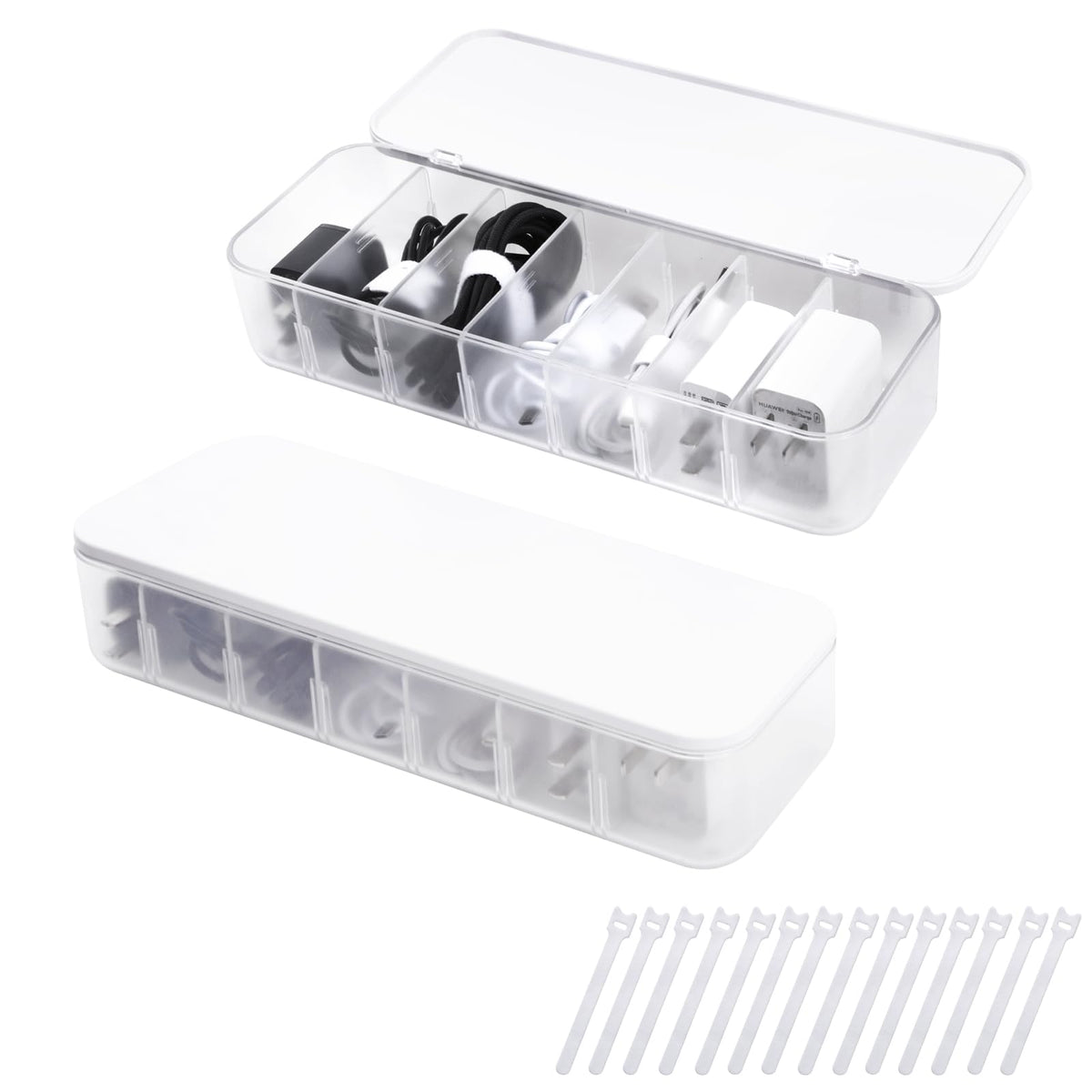 FRETONBA Cable Storage Box, 2 Pcs Cable Tidy Management Box with 7 Compartments and 14 Cable Ties Reusable, Cord Organiser Box for Office, Home