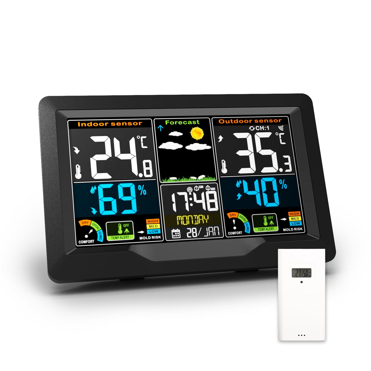 Qxmcov Weather Station Wireless with Outdoor Indoor Sensor, Digital Large LCD Screen Thermometer, Weather Station with Weather Forecast, Temperature,