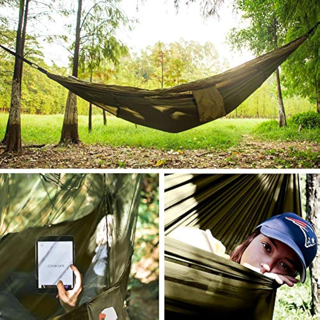 COVACURE Camping Hammock with Mosquito Net, Ultralight 210T Parachute Nylon with Two 10FT Tree Straps for Outdoor Camping Accessories