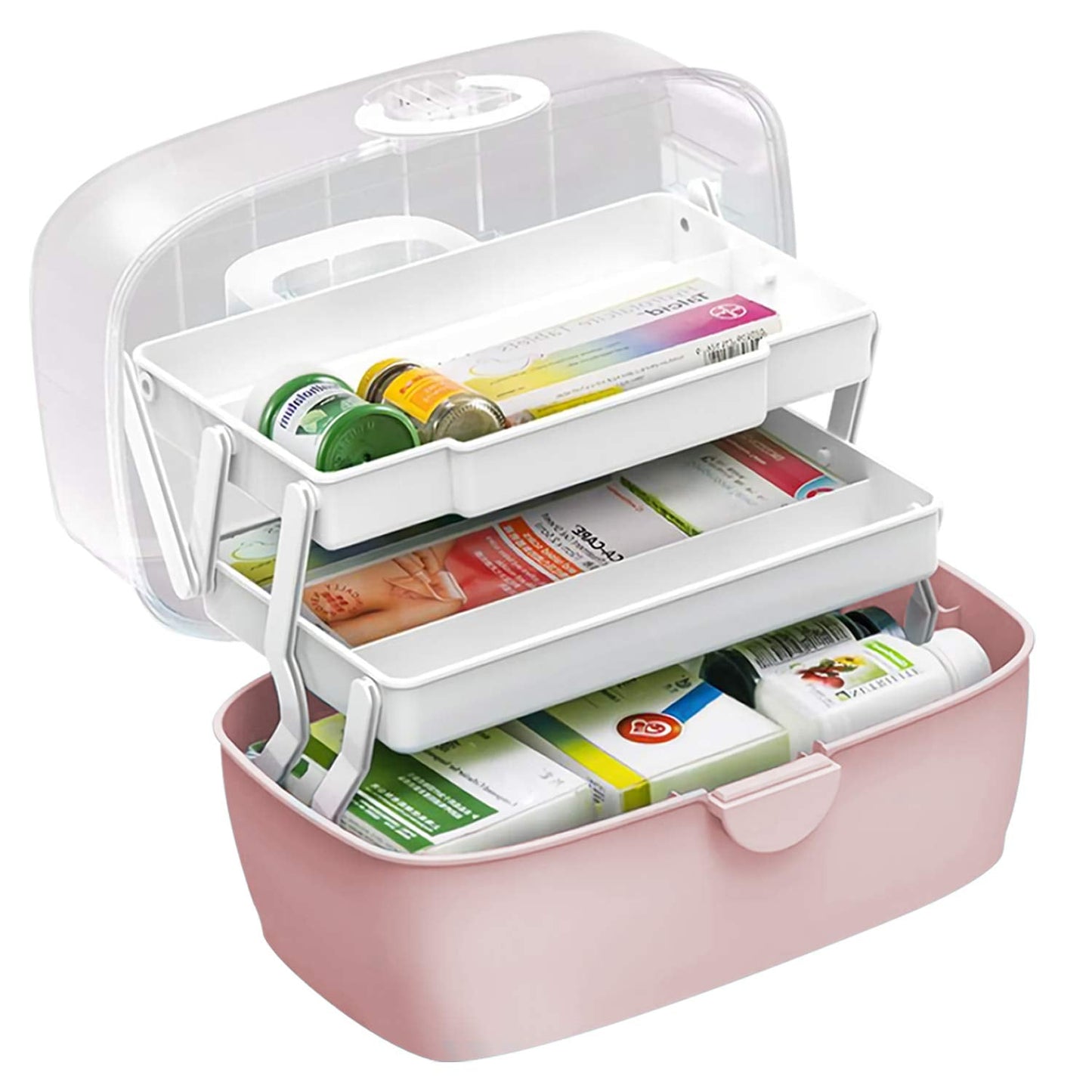 Gute Medicine Box,First Aid Box,Portable Medicine Chest Storage,Organizer Box,Fold 3-Layer Large Medicine Cabinet,Storage Case For Home,Outdoor, Pink