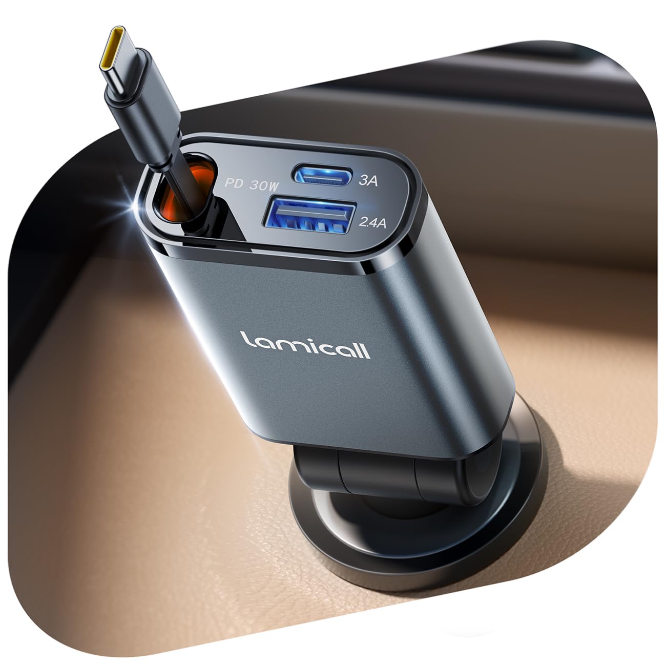 Lamicall 3 in 1 Retractable Car Charger Adapter -?2025 Ultra Compact?57W Cigarette Lighter USB Charger, Car Phone Charge with Retractable Type-C