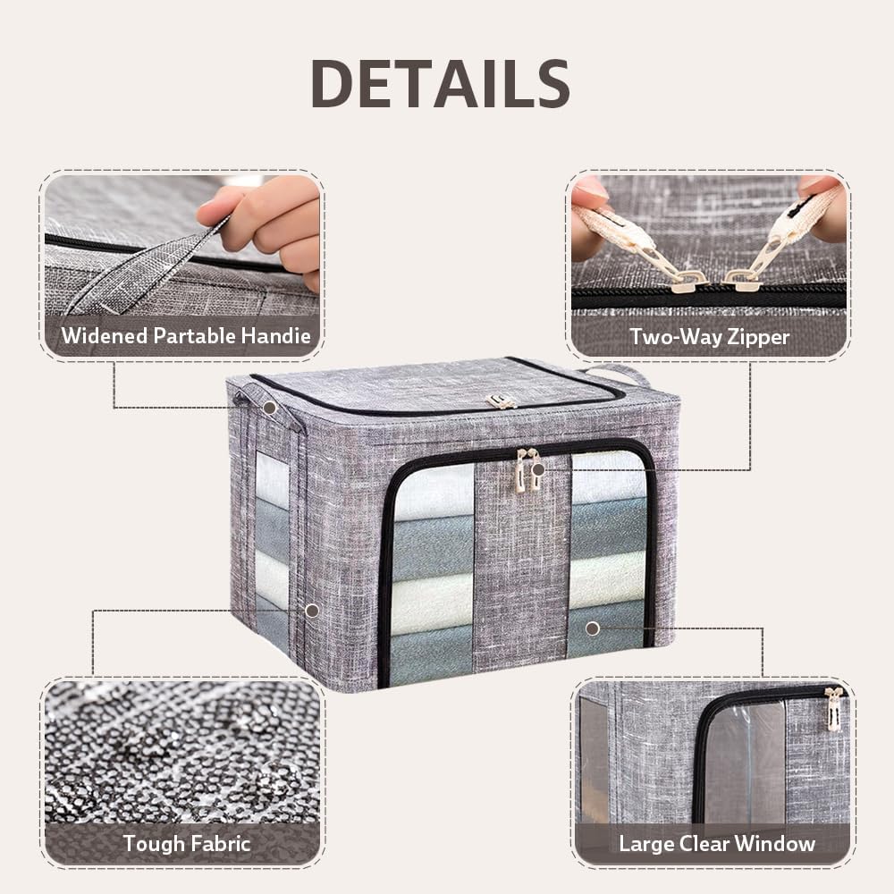 GUYAQ Clothes Storage Boxes 2PCS 66L, Folding Storage Bag with Fabric Steel Frame, Closet Organizer with Opening Zips for Storing Bedding, Blankets