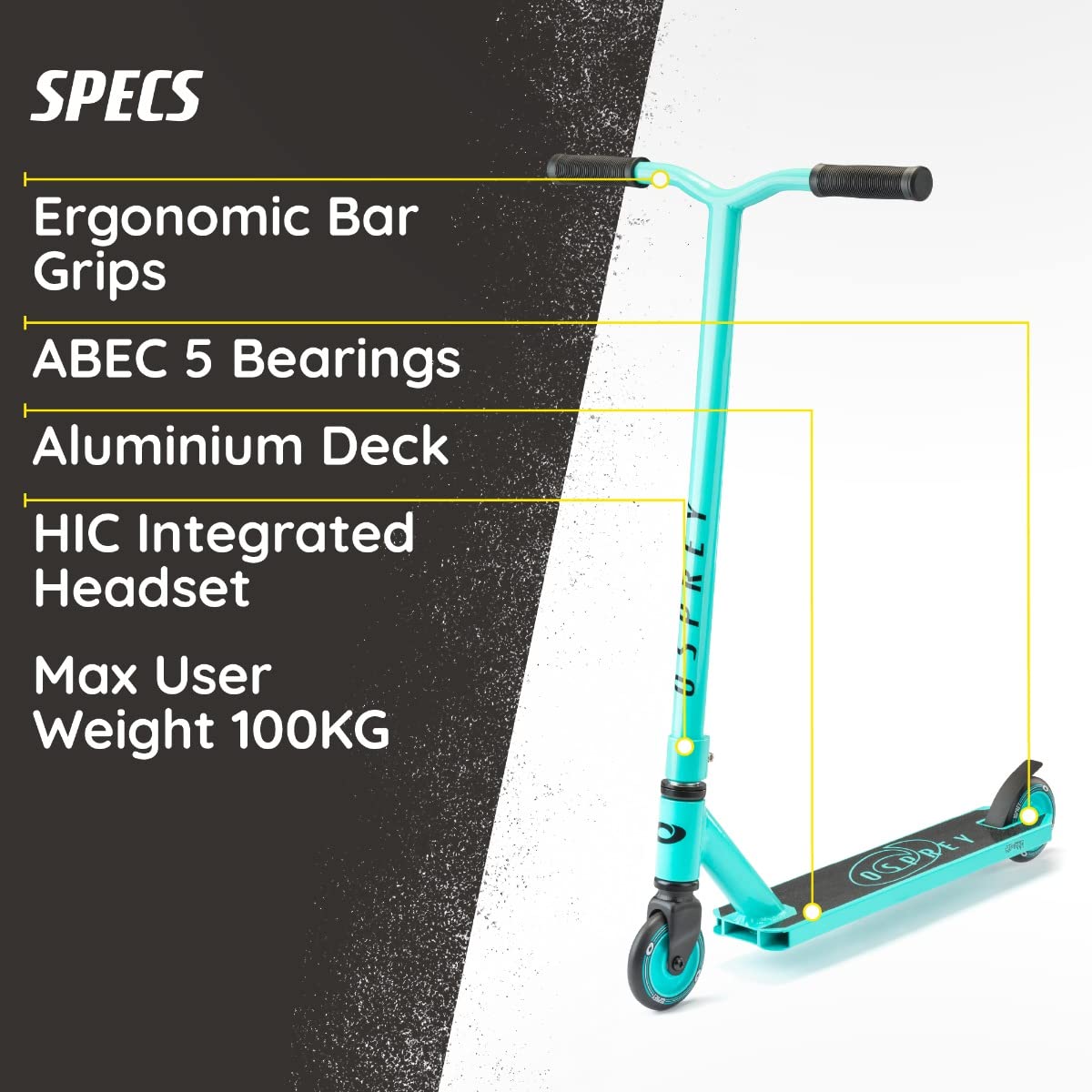 Osprey Stunt Scooter | for Kids Adults Boys Girls, Advanced Kick T-Bar Scooter with ABEC 5 Bearings, HIC Headset and Ergonomic Handlebars, RT-1440,