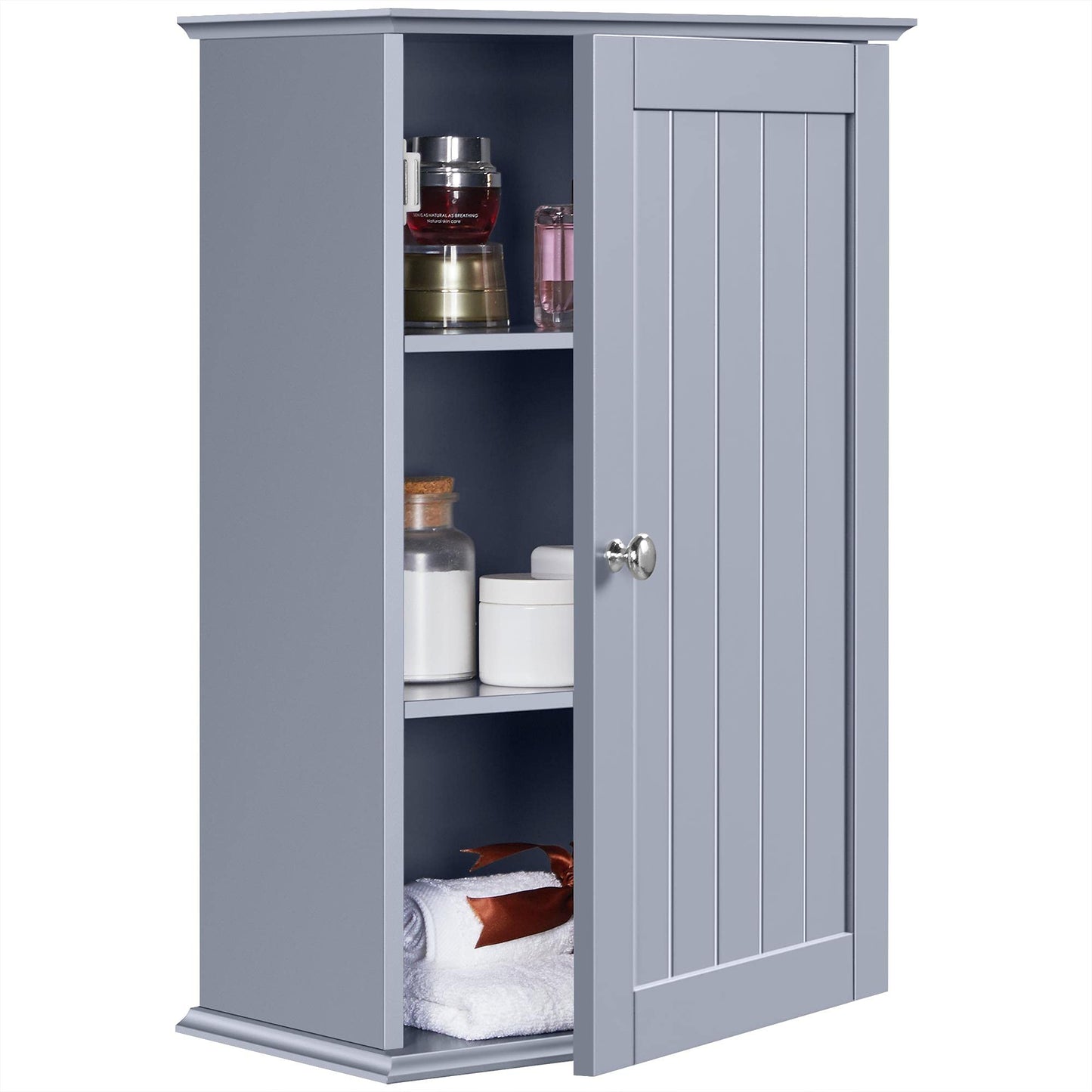 Yaheetech Bathroom Cabinet Single Wall Mounted Bathroom Storage Cabinet Wooden Cupboard with Adjustable Shelves, 21D x 35W x 55H cm, Grey