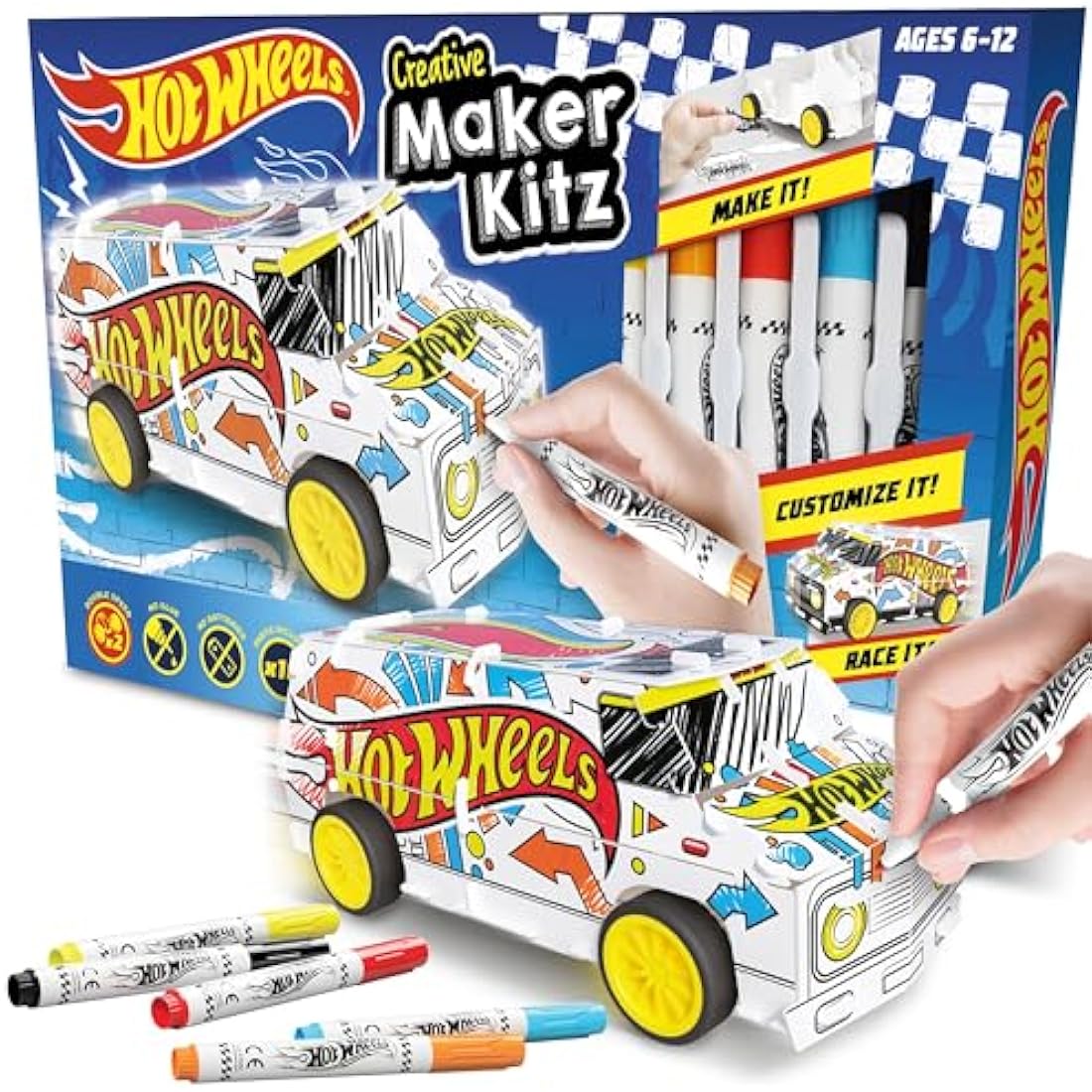 BLADEZ Hot Wheels Custom Super Van, DIY Van, Make Your Own/Build Your Own, Pull Back Vehicle for Kids, Customisable with pens and Stickers, Creative Maker Kitz Toyz