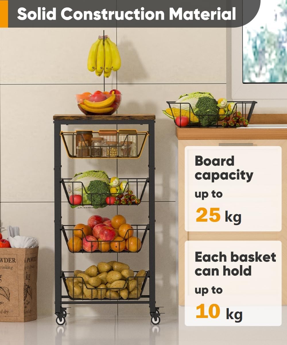 Garbuildman 5-Tier Kitchen Storage Cart with Pull-Out Wire Baskets - Fruit & Vegetable Organiser with Wooden Top & Banana Holder for Pantry
