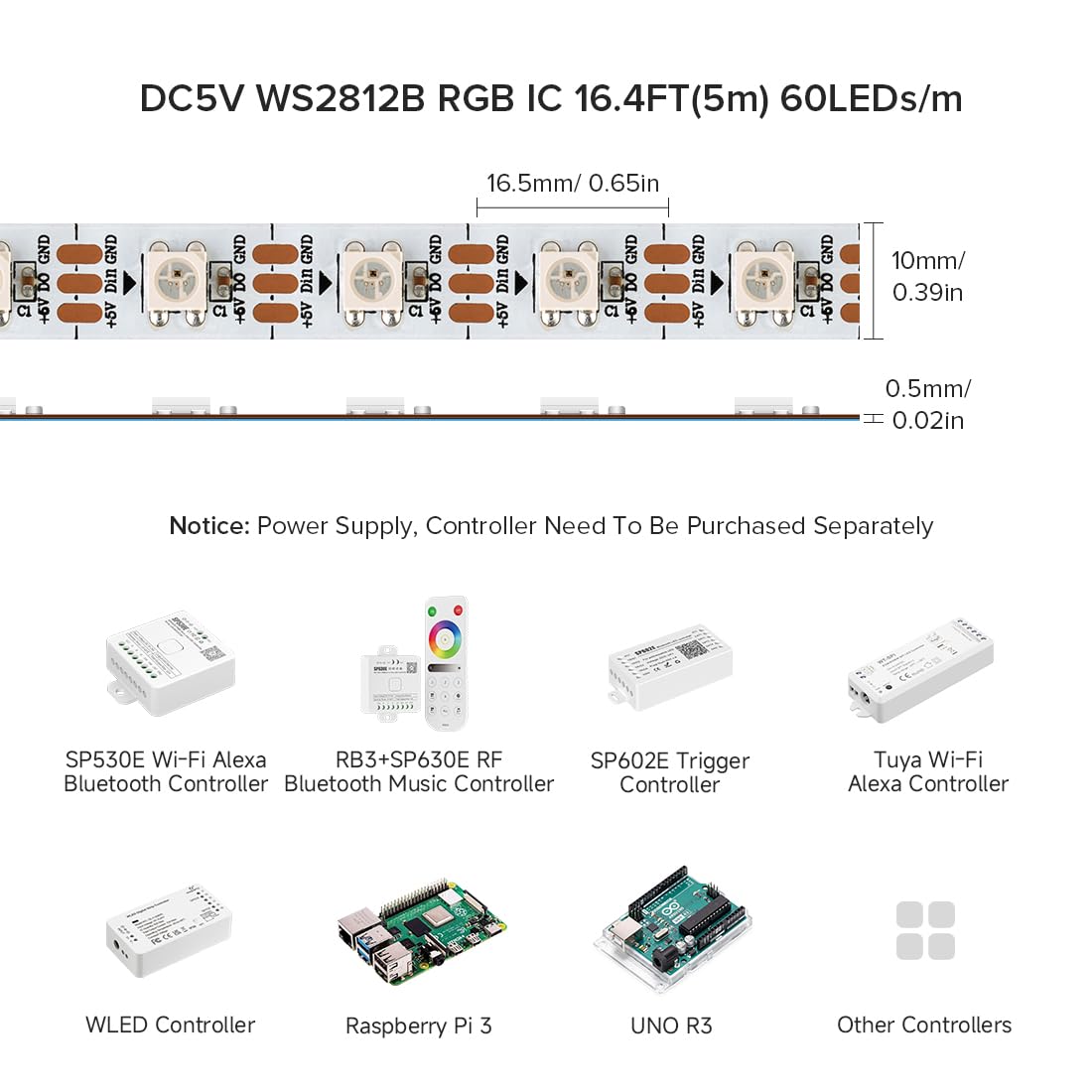 BTF-LIGHTING WS2812b 16.4ft 5m 60leds/Pixels/m Individually Addressable 5050SMD LED White Board Waterproof IP67 Flexible Full Color DC5V for Indoor