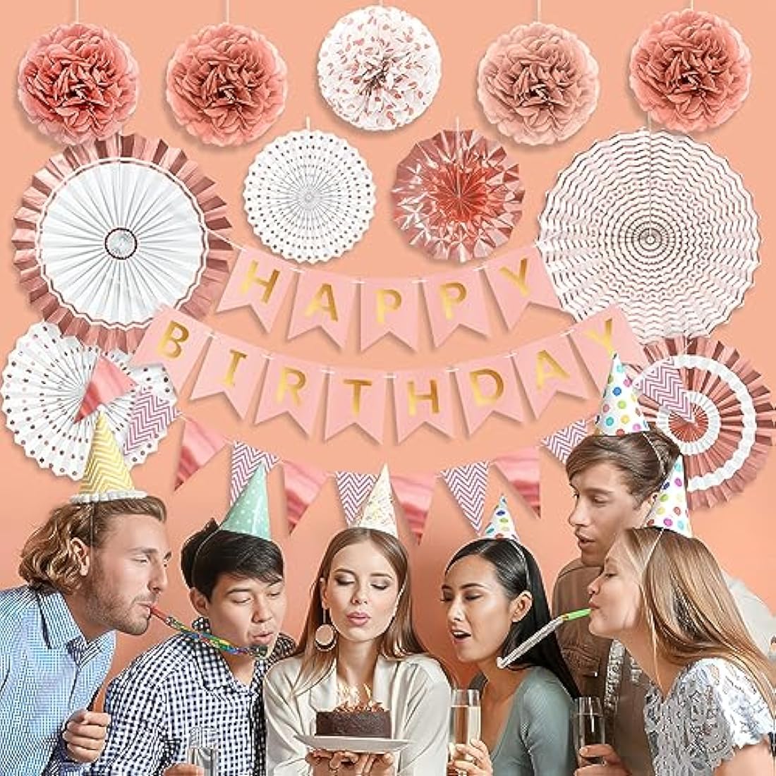 Rose Gold Reusable Birthday Decorations Kit Womens Birthday Party Decorations Rose Gold Banner Bunting Honeycomb Paper Lanterns Paper Fans
