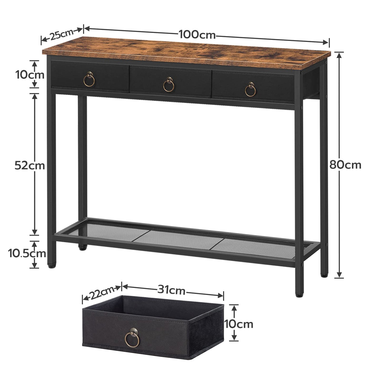 HOOBRO Console Table, Hallway Table, Slim Sofa Table with 3 Non-woven Drawers, Metal Mesh Frame, Sturdy, Narrow Side Table for Small Spaces, Entrance