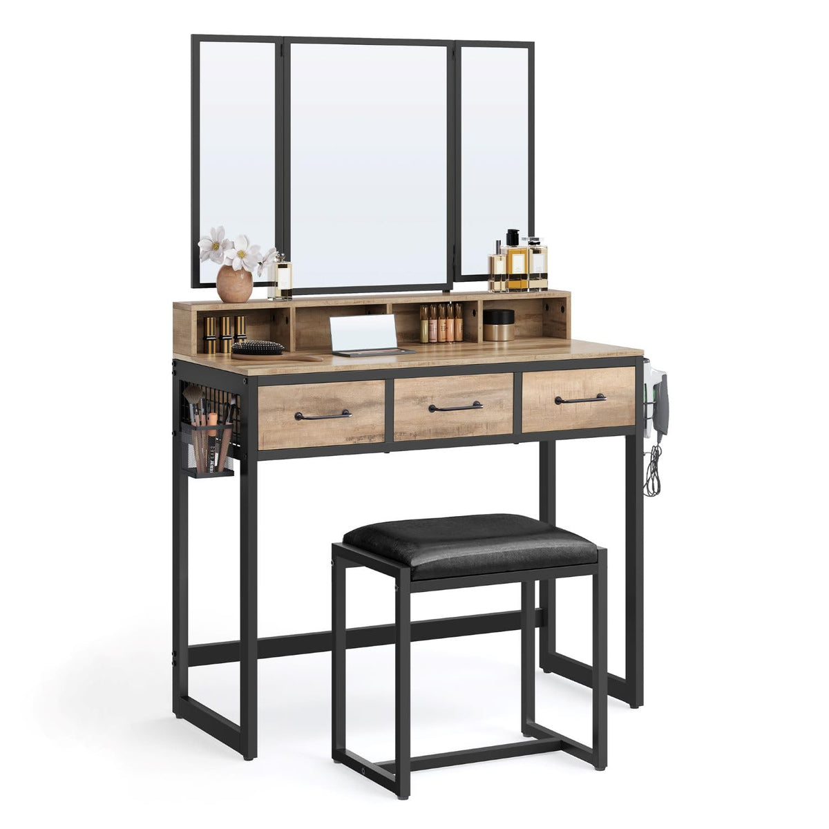 VASAGLE Dressing Table with Mirror and Stool, Vanity Table with Tri-Fold Mirror, 3 Drawers, Hair Dryer Holder, Makeup Desk, Industrial Style, Camel