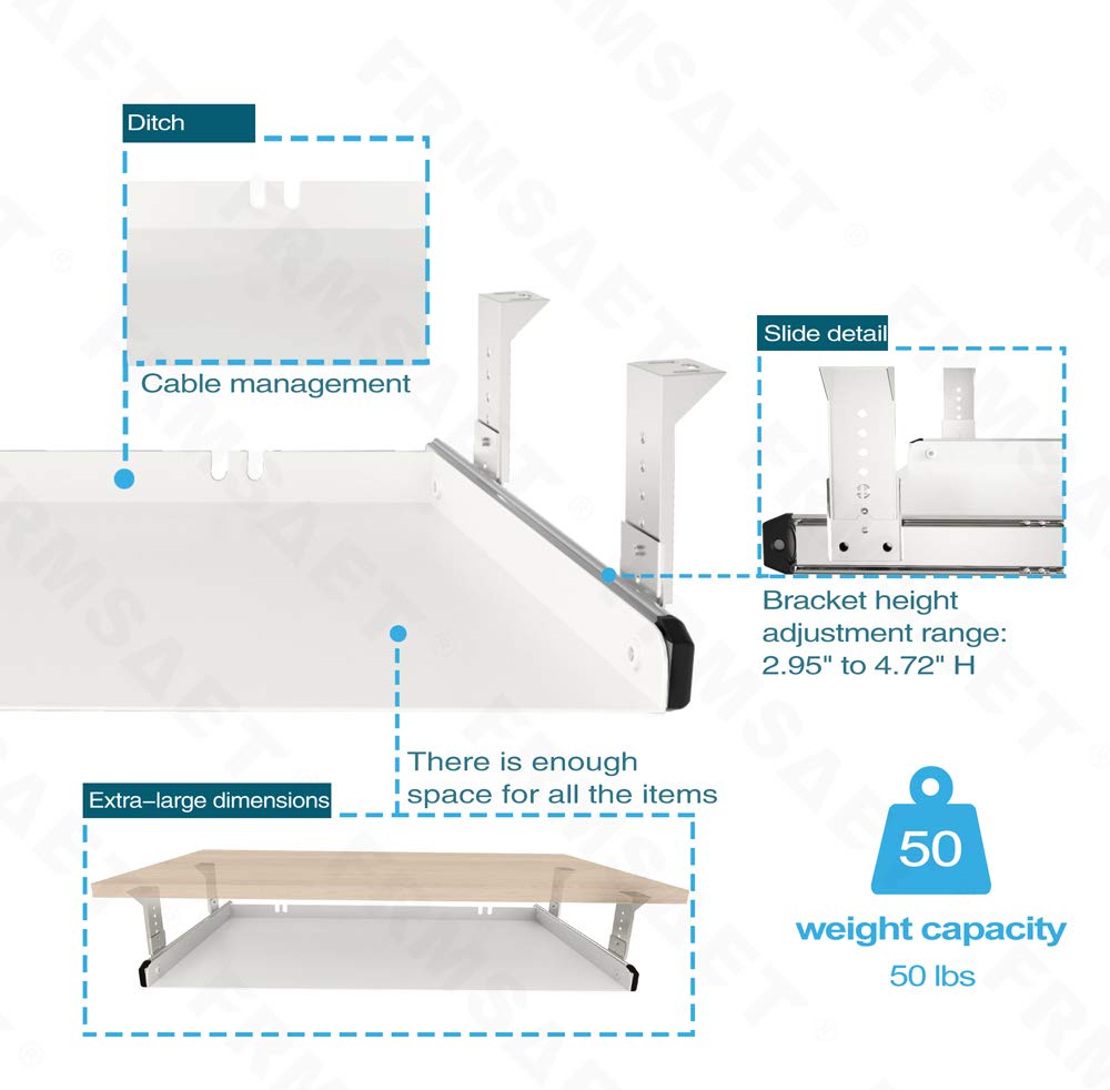 FRMSAET All-Metal 53 cm/60 cm/76 cm Under Desk Keyboard Tray(60 cm, White)