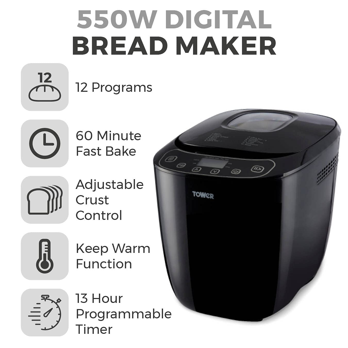 Tower T11003 2 lb Digital Bread Maker with 12 Automatic Programs, 13 Hours Delay Timer, 60 Minutes Keep Warm Function, Adjustable Crust Control,