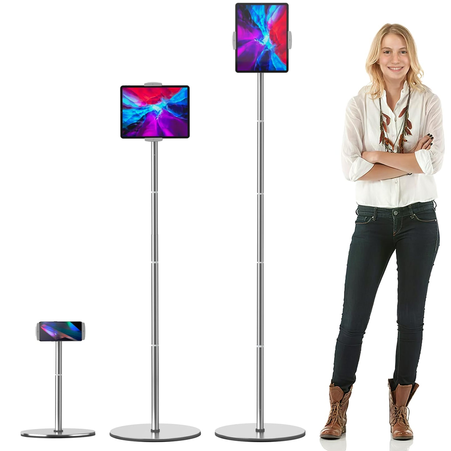 nediea Tablet Floor Stand, Height Adjustable Metal Rod Tablet Stand for iPad, 360? Rotating Tripod Floor Holder for iPad/iPhone/Samsung/Kindle or