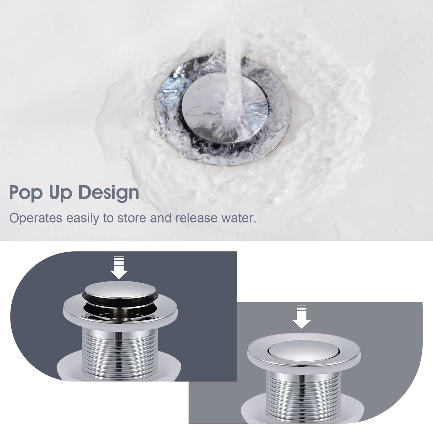 Peppermint Unslotted Basin Sink Pop Up Click Clack Waste Plug Without Overflow for Bathroom Sink, Brass Sprung Plug Waste, Chrome